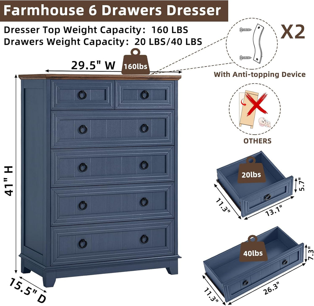 Joaxswe Farmhouse 6 Drawer Dresser for Bedroom, 41' Tall Small Dressers & Chest of Drawers, Rustic Wood Dresser with Metal Handle, Storage Organizer Closet for Living Room, Hallway, Entryway