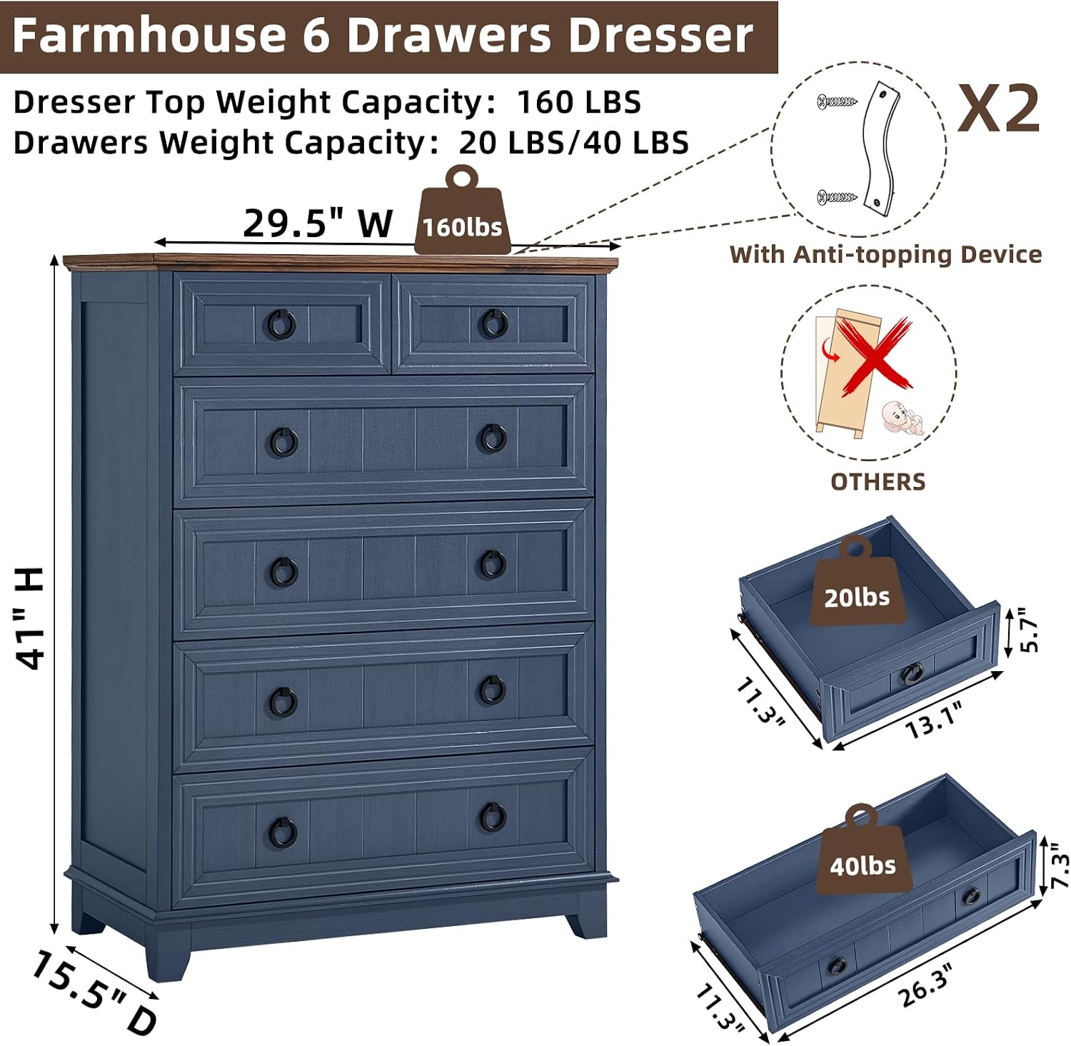Joaxswe Farmhouse 6 Drawer Dresser for Bedroom, 41' Tall Small Dressers & Chest of Drawers, Rustic Wood Dresser with Metal Handle, Storage Organizer Closet for Living Room, Hallway, Entryway
