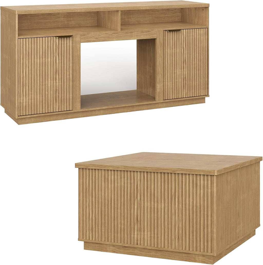 2-Piece Fluted Living Room Set Includes 31.5' Fluted Lift Top Coffee Table,59' Fluted TV Stand for TVs Up to 70 inches,Modern TV Stand and Coffee Table Set,Natural Oak