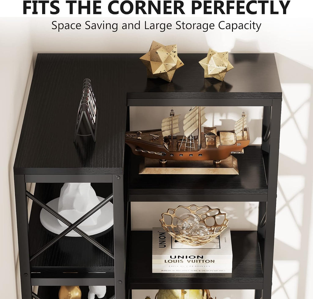 Tribesigns 7-Tier Corner Bookcase, Industrial Large Corner Bookshelf, 7-Shelf Tall Shelf Storage Display Rack with Metal Frame for Living Room Home Office, Black