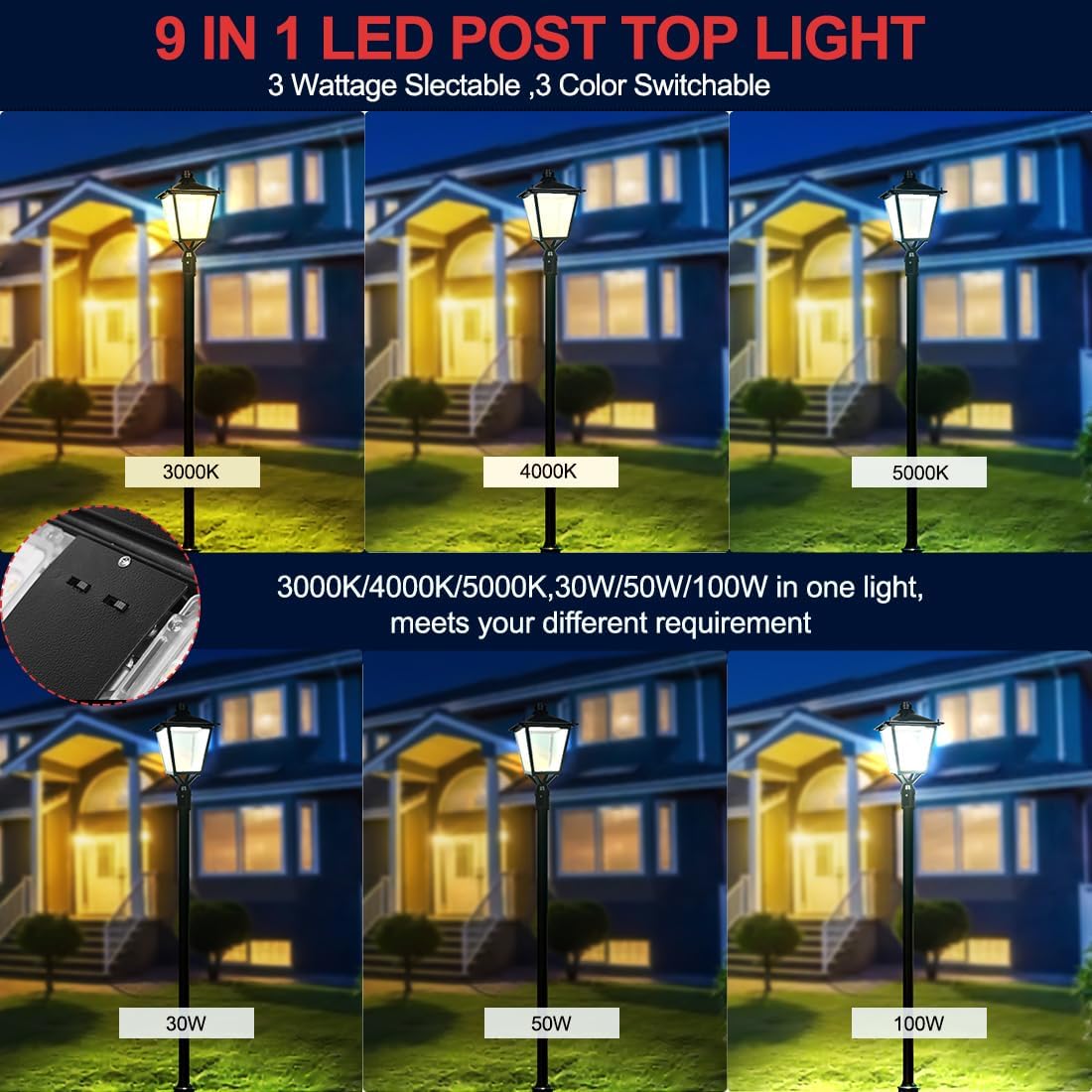 30W 50W 100W Post Top Lights with Shorting Cap 3000K 4000K 5000K Adjustable Wattage & CCT, Power Tunable Outdoor Pole Light Fixture(Clear Glass), IP65 Waterproof Commercial Street Area Lighting