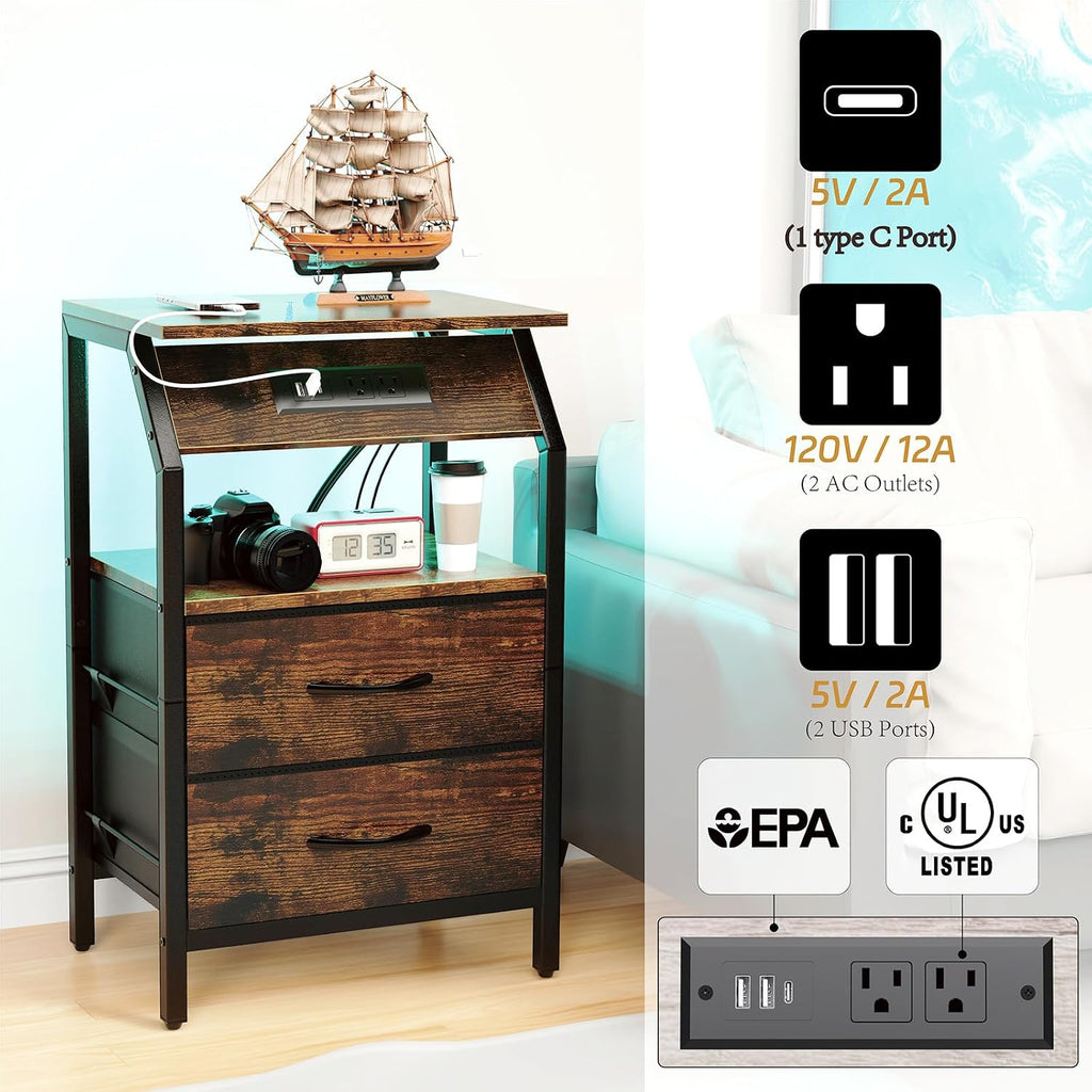 SZLHANJZ End Table with LED Lights, Nightstand with 2 Drawers and Type C Charging Station, Small Fabric Night Stand for Bedside, Storage Side Table for Living Room Dorm, Rustic Brown