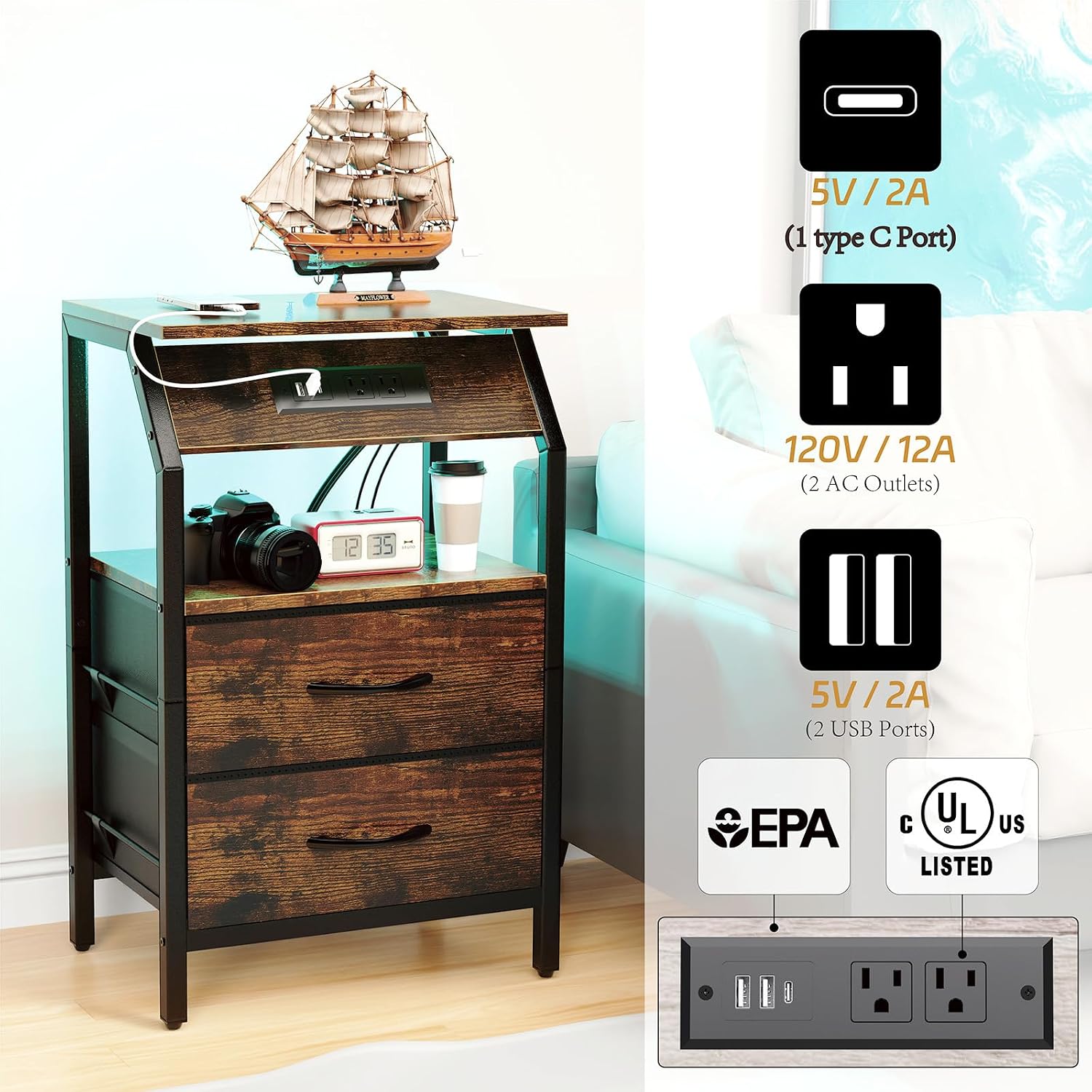 SZLHANJZ End Table with LED Lights, Nightstand with 2 Drawers and Type C Charging Station, Small Fabric Night Stand for Bedside, Storage Side Table for Living Room Dorm, Rustic Brown