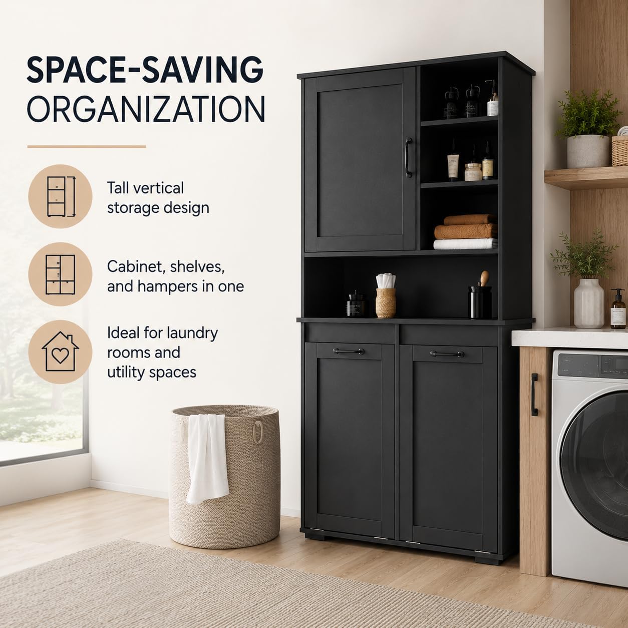 Bathroom Storage Cabinet with 2 Tilt-Out Bins, Freestanding | Particle board, MDF, melamine finish, 2 tilt-out bins, adjustable shelf, open shelves, bathroom, 31.5 W x 15.75 D x 63 H in