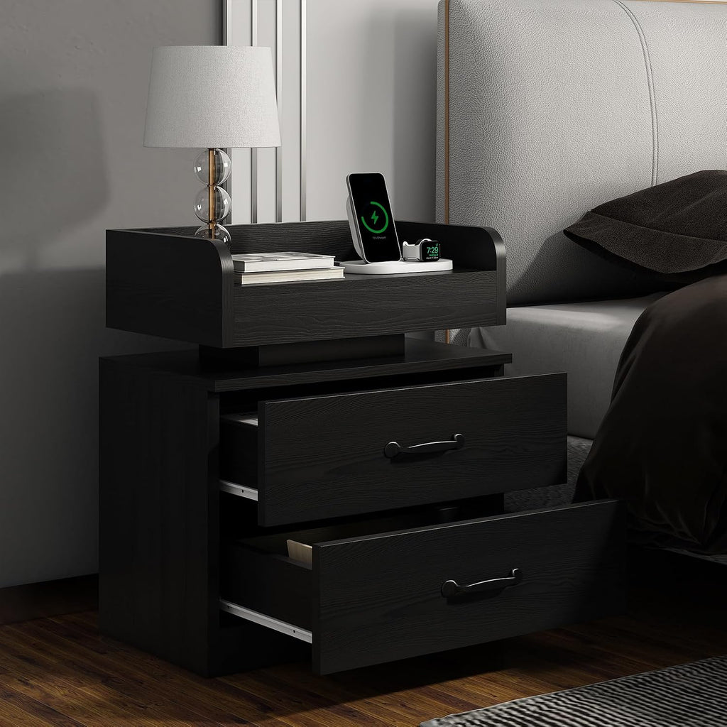 4ever2buy Black Nightstand Set of 2 with Charging Station and LED Lights Modern Bedside Tables with Drawers End Tables for Bedroom