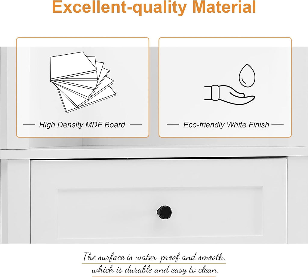 Corner Storage Cabinet with Adjustable Shelves, 68.9 in Tall | MDF, painted finish, adjustable shelves, corner fit, enclosed storage, bathroom, kitchen, 23 W x 13.4 D x 68.9 H in