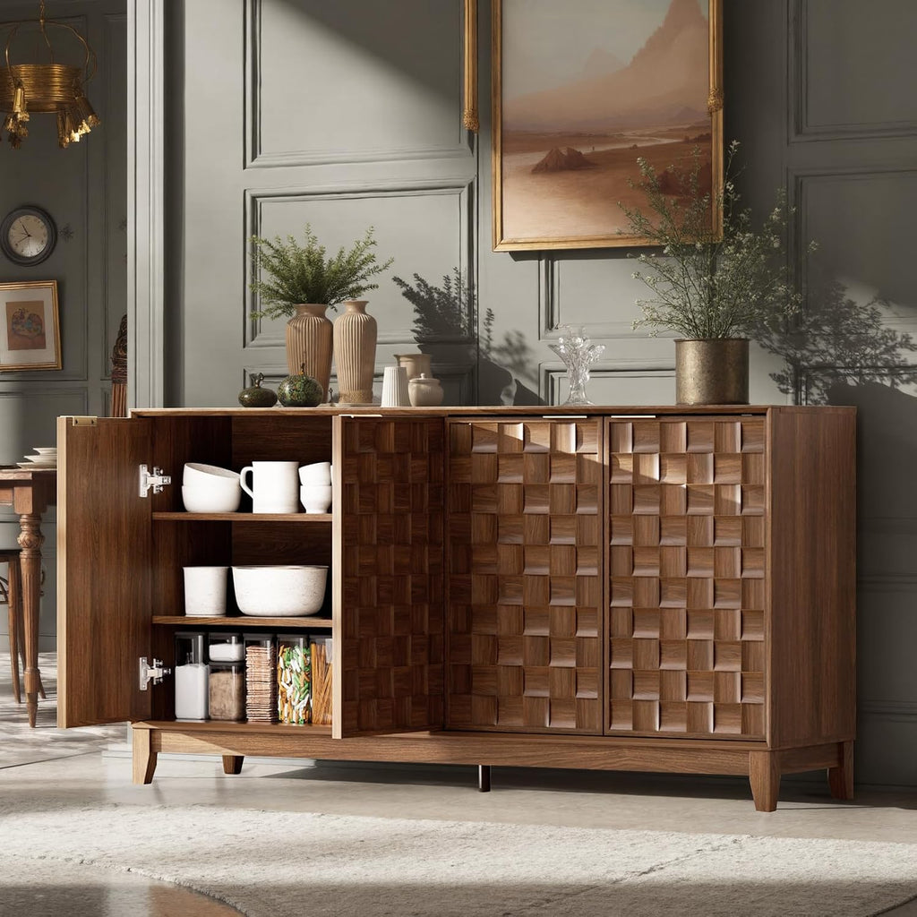 COLAMY 60' Sideboard Buffet Cabinet with Storage, Modern 4-Door Buffet Table with 3D Checkerboard Doors & Solid Wood Legs, Large Coffee Bar Cabinet for Dining Room, Living Room, Entryway, Espresso