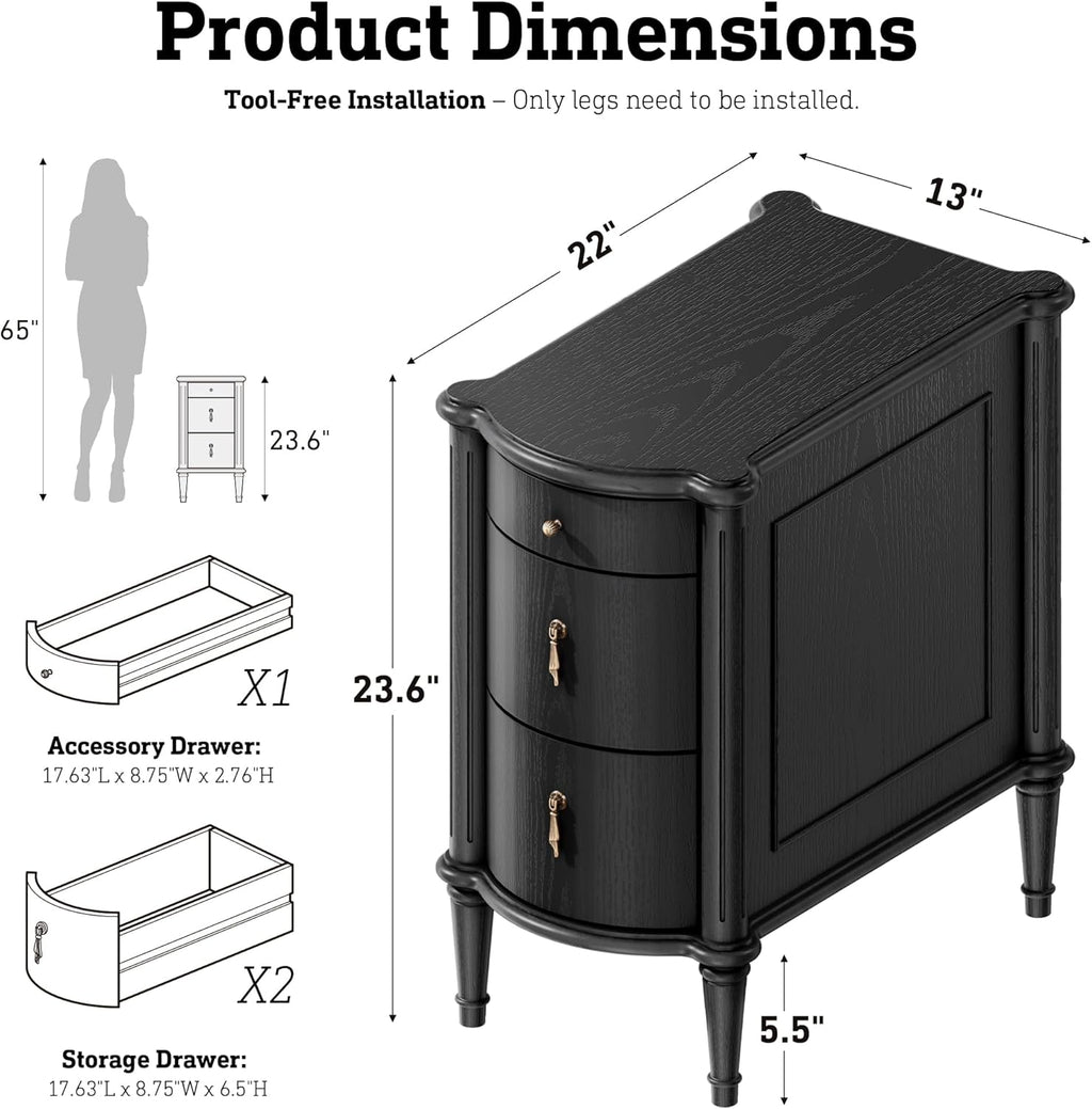 STO'SENSE Nightstand w/Charging Station & 3 Drawers, Pre-Assembled, Vintage Side Table w/Antique-Finished Pulls, Rustic Wood Finish, Narrow End Table w/Turned Legs for Bedroom (2, Black)