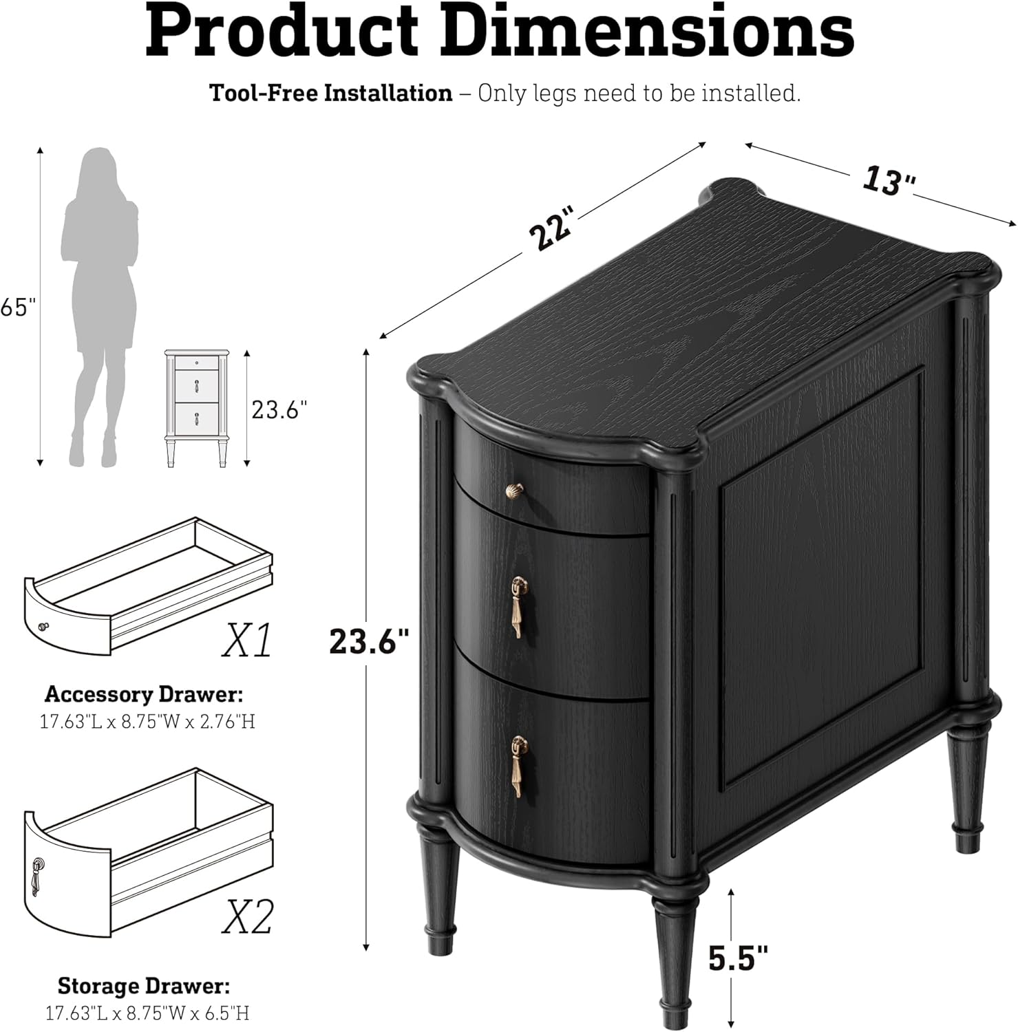 STO'SENSE Nightstand w/Charging Station & 3 Drawers, Pre-Assembled, Vintage Side Table w/Antique-Finished Pulls, Rustic Wood Finish, Narrow End Table w/Turned Legs for Bedroom (2, Black)