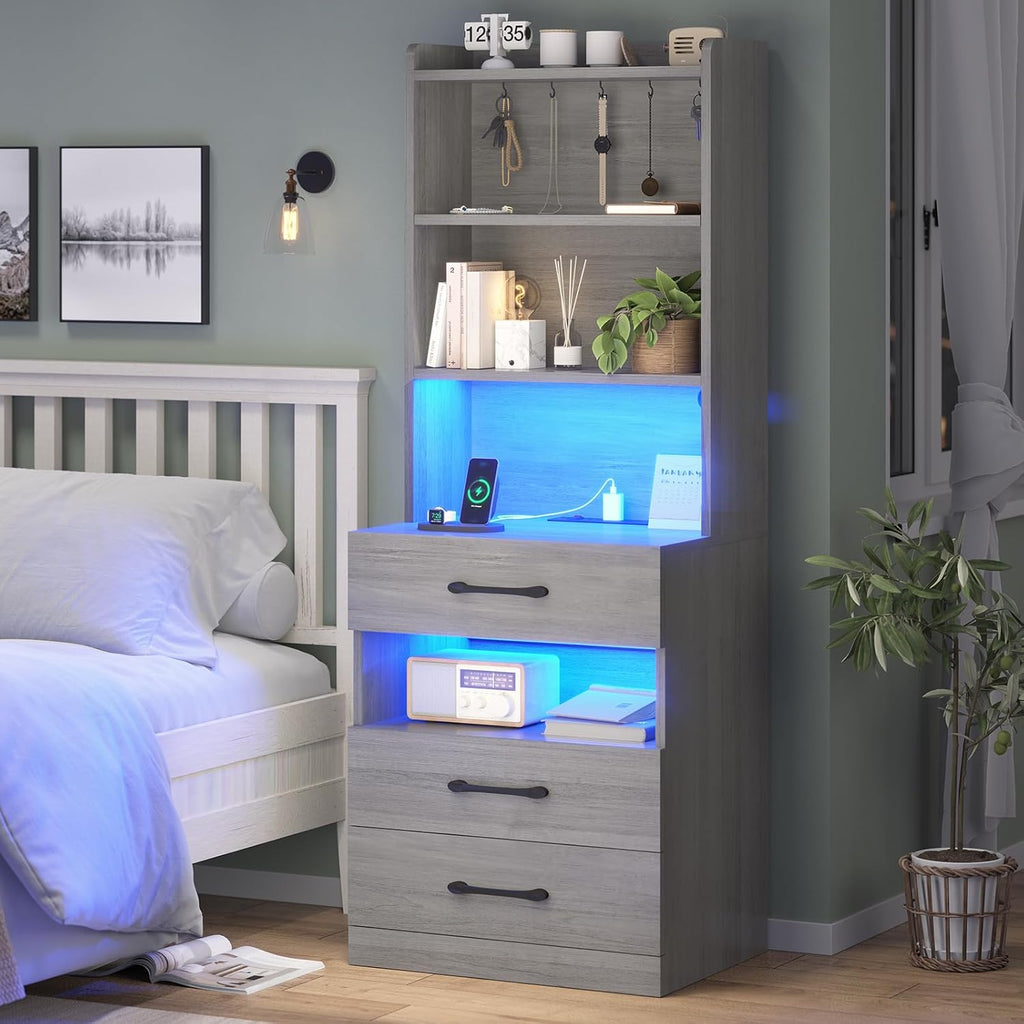 AOGLLATI Tall Night Stand Set of 2 with Charging Station and LED Lights, Grey Nightstand with 3 Drawers and Adjustable Shelves, Modern Bedside Table with Bookshelf for Bedroom