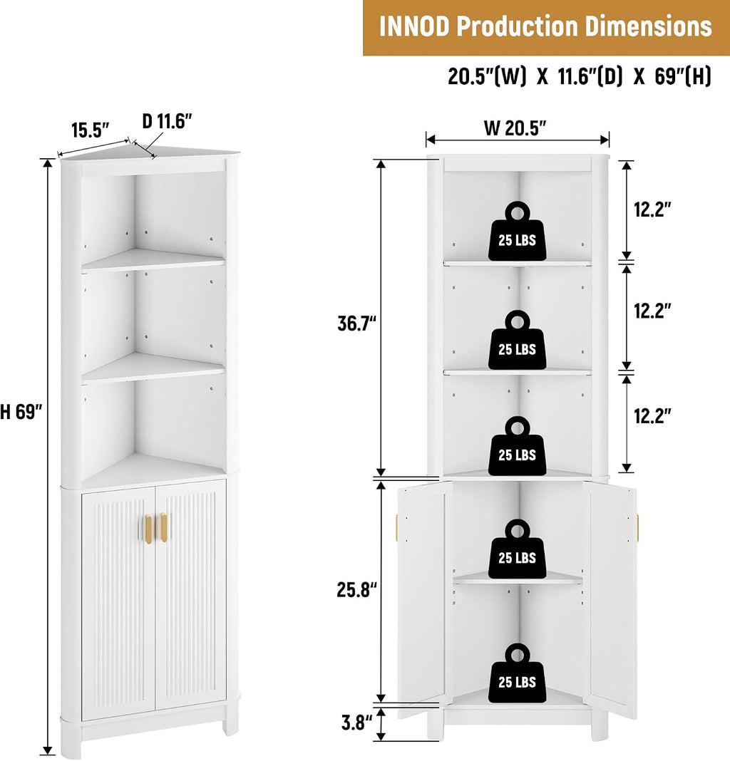 INNOD 69' Tall Corner Shelf with Doors, 6-Tier Corner Storage Cabinet with Doors, Space Saver Shelf for Bathroom, Bathroom Floor Cabinet for Living Room Kitchen, Hallway