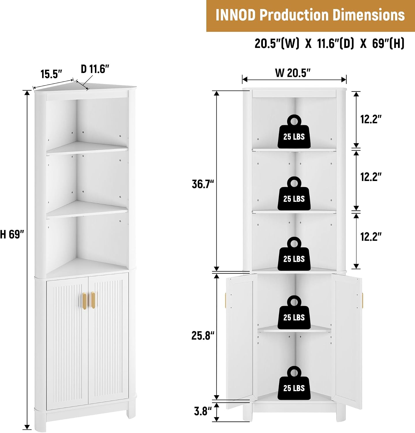 INNOD 69' Tall Corner Shelf with Doors, 6-Tier Corner Storage Cabinet with Doors, Space Saver Shelf for Bathroom, Bathroom Floor Cabinet for Living Room Kitchen, Hallway