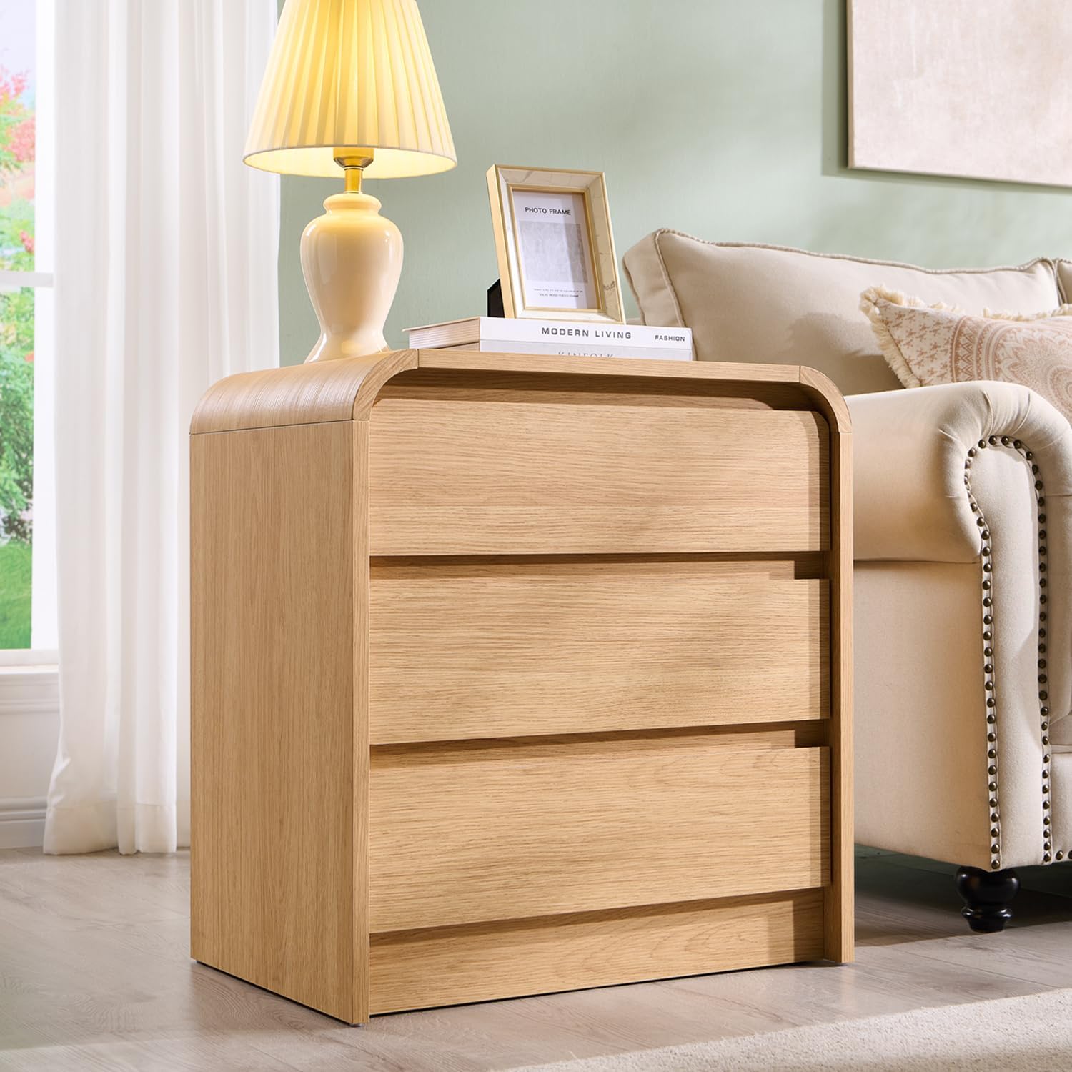 Aitjunz 25' Tall Modern Nightstand Set of 2, 23.6' Wide Wood Bedside Table with Charging Station, 3 Storage Drawers Side Table w/Curved Profile Design,End Table for Bedroom, Natural Oak