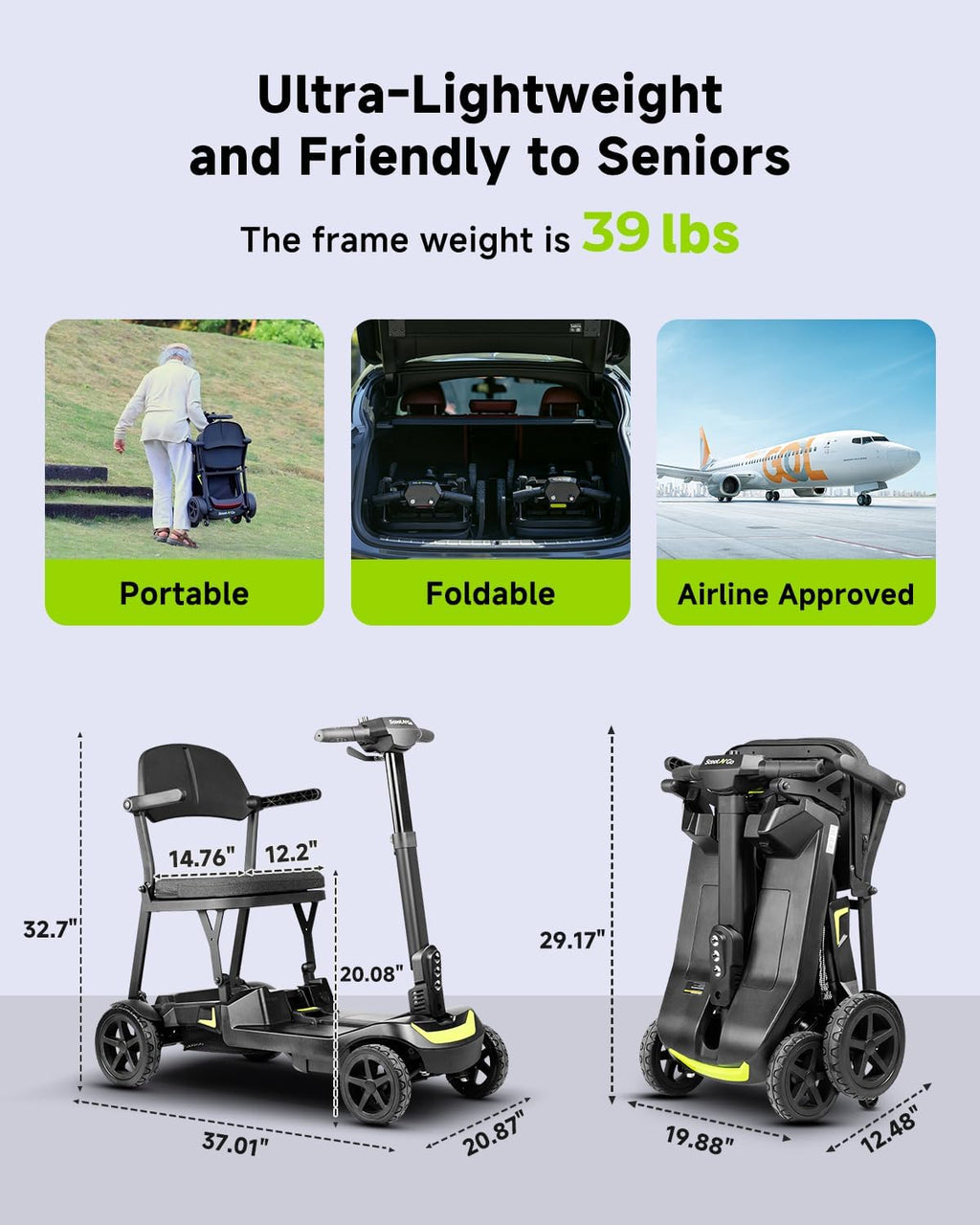 SCOOTNGO Mobility Scooters for Seniors & Adults 4 Wheel Travel Mobility Scooter Airline Approved with Two Batteries, Lightweight, Foldable, No Assembly Needed (Black Yellow, Dual Batteries with Wagon)