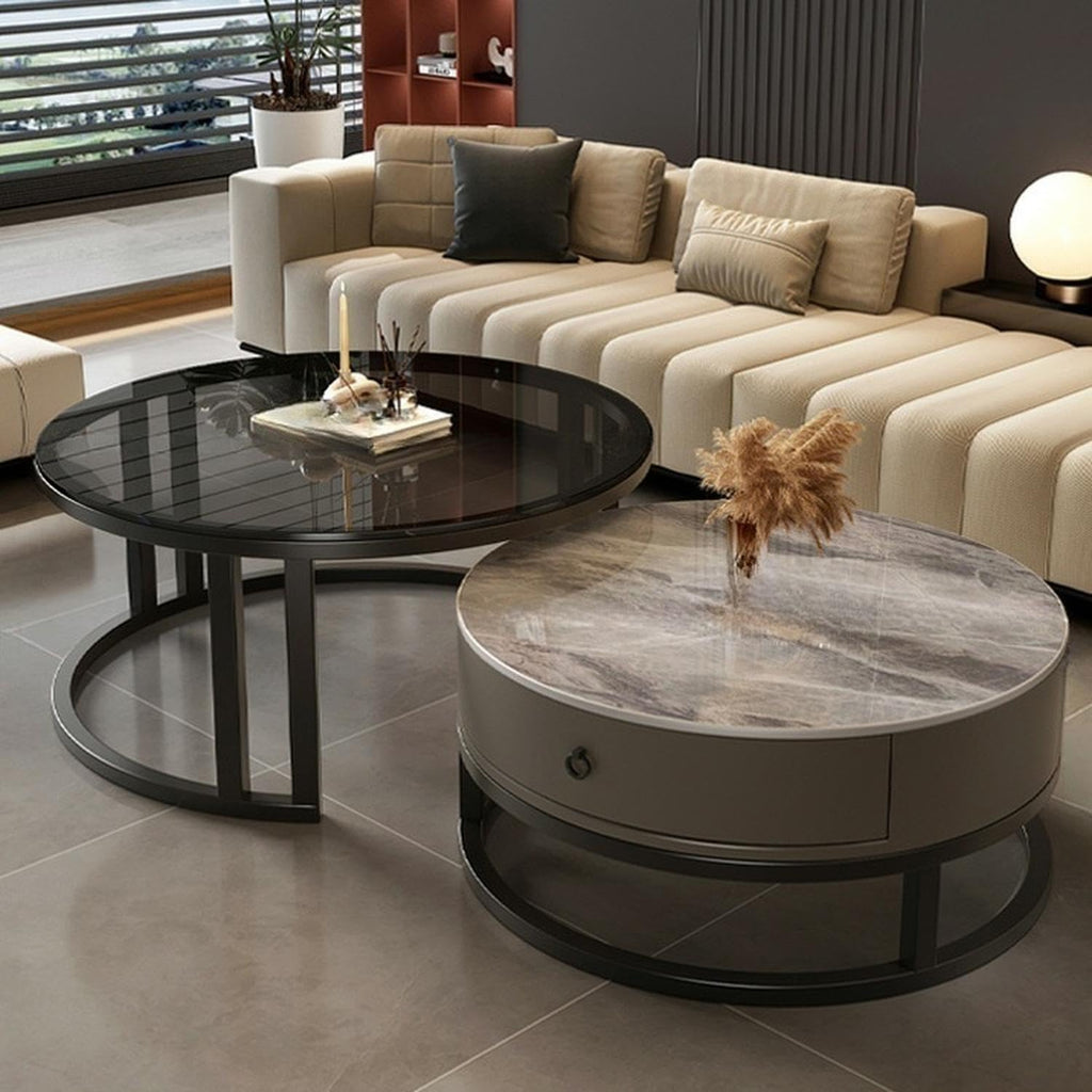 LITFAD 2-Piece Nesting Coffee Tables Steel Frame Round Slate Top Living Room Table Modern Central Table with Storage Drawer for Living Room, Office, Cafe - 31.5' L + 23.5' L Black/Grey - Clear/Gray