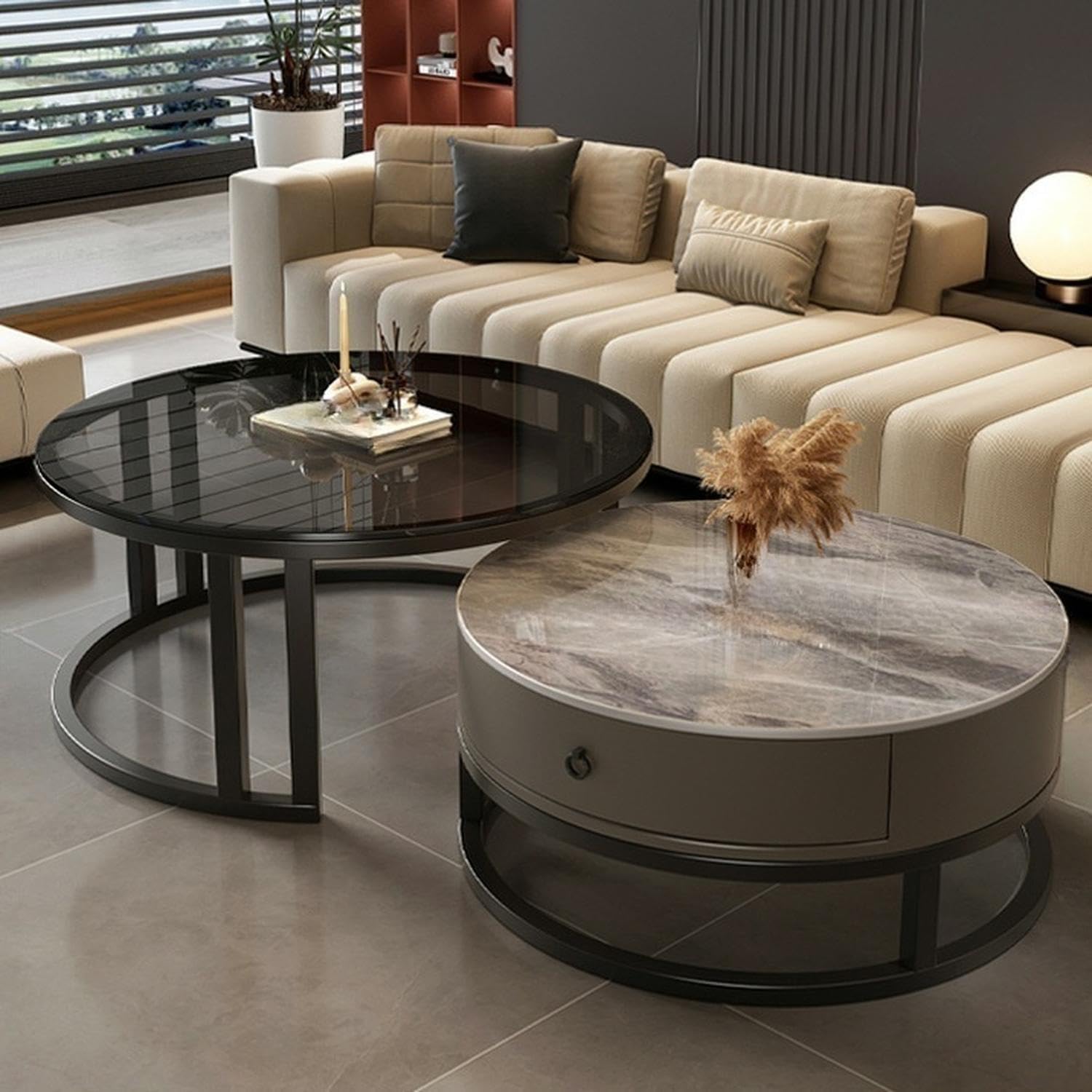 LITFAD 2-Piece Nesting Coffee Tables Steel Frame Round Slate Top Living Room Table Modern Central Table with Storage Drawer for Living Room, Office, Cafe - 31.5' L + 23.5' L Black/Grey - Clear/Gray