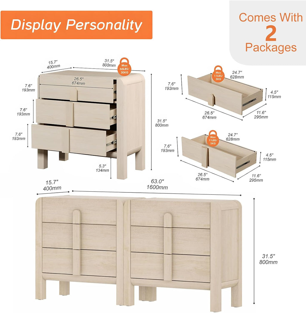 WAMPAT Nightstands Set of 2, Large Nightstands with 3 Drawers, 31.5' Tall Wooden End Tables with Storage, Modern Beige Nightstands Bedside Tables with Curved Design for Bedroom