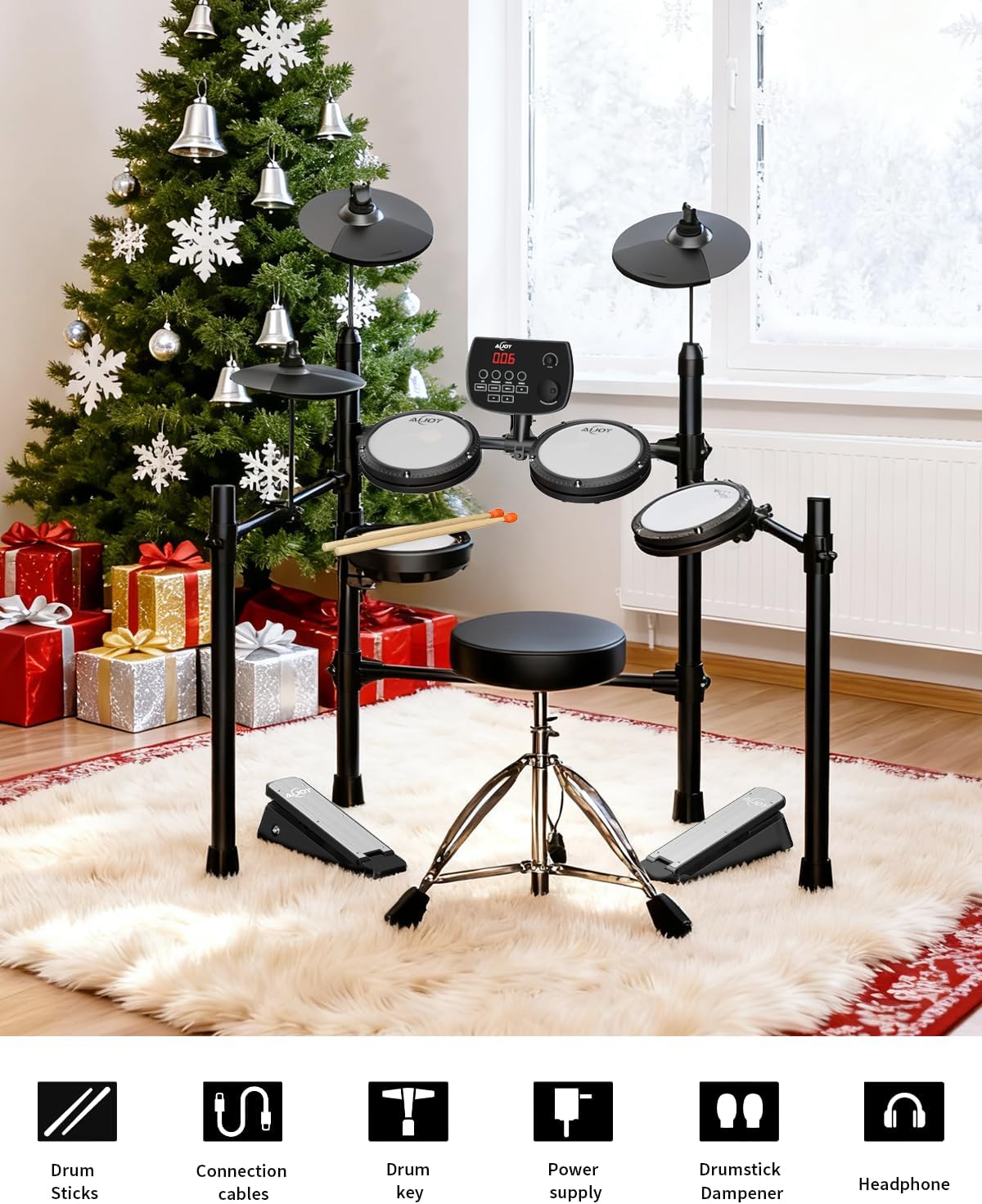 AiJoy Electric Drum Set for Beginners & Adults, Quiet Mesh Pads Digital Drum Kit, Dual-Zone Snare, 5 Drums 3 Cymbals, 195+ Sounds, USB MIDI, Includes Throne, Headphones & Sticks for Apartment Practice