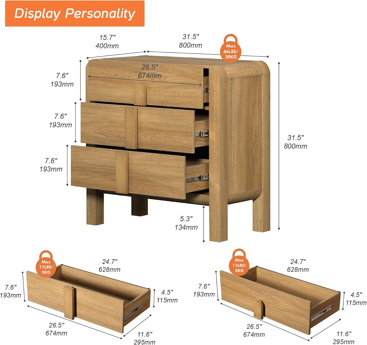 WAMPAT Nightstands Set of 2, Large Nightstands with 3 Drawers, Modern 31.5' Tall Wooden End Tables with Storage, Walnut Nightstands Bedside Tables with Curved Design for Bedroom