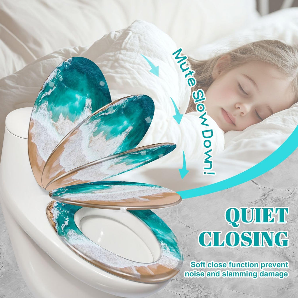 Elongated Toilet Seat Aerial drone view beach turquoise water large waves Resin Toilet Seat Slow Quiet Close Lid with Quick-Release Hinges Cover Bumpers Easy to Clean Install