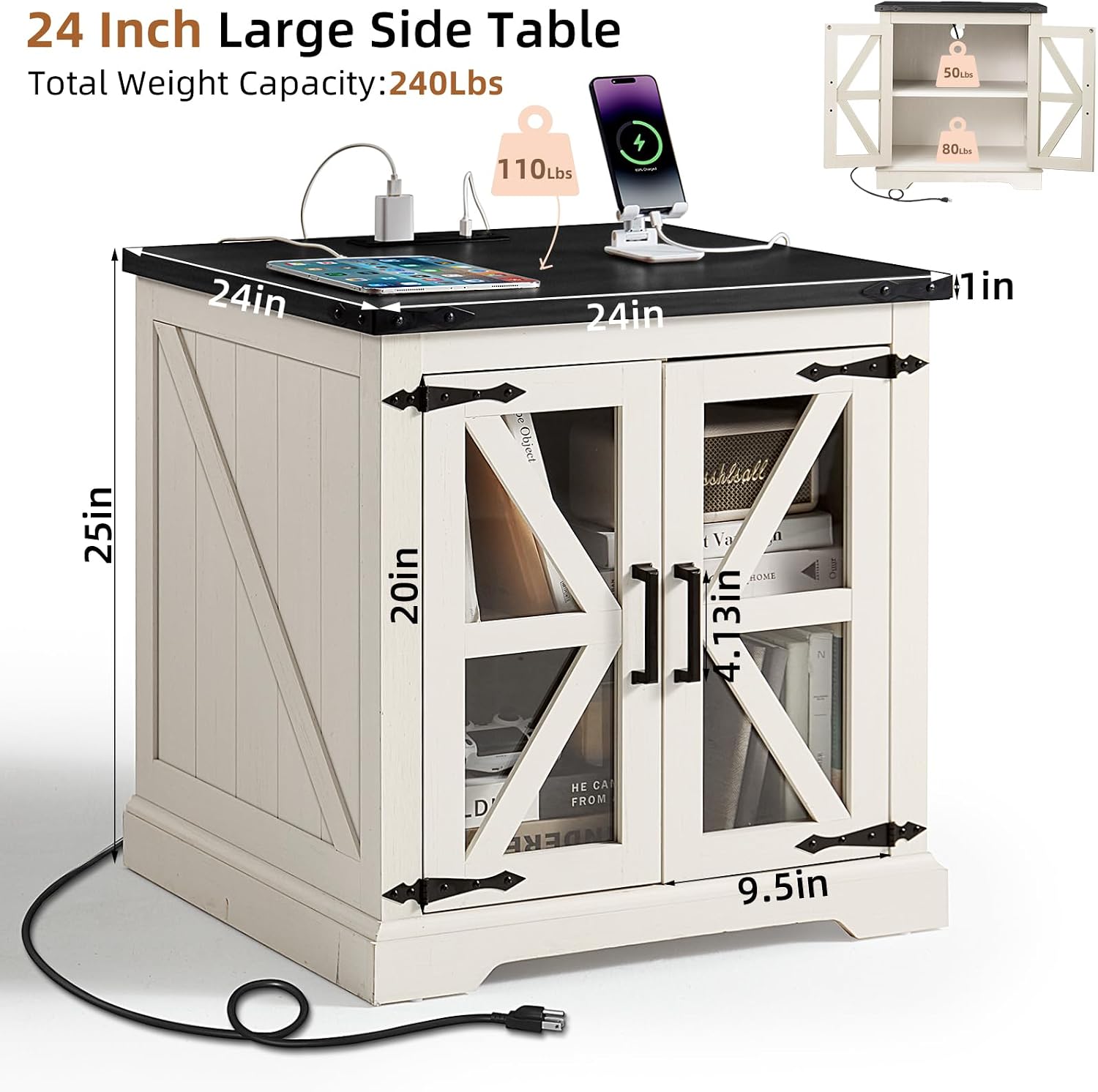 Joaxswe 24' End Table with Charging Station, Farmhouse Night Stand with Glass Barn Door, White Nightstands with Adjustable Storage Shelf, Large Wood Square Bed Side Table for Living Room,Bedroom