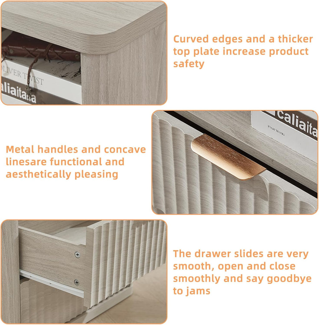 LEYAOYAO Fluted Farmhouse Nightstand Set of 2 with Charging Station, 23' Wide 2 Drawers Night Stand,LightGrey Dresser for Bedroom,Bed Side Table Chest of Drawers,Wood End Table for Living Room