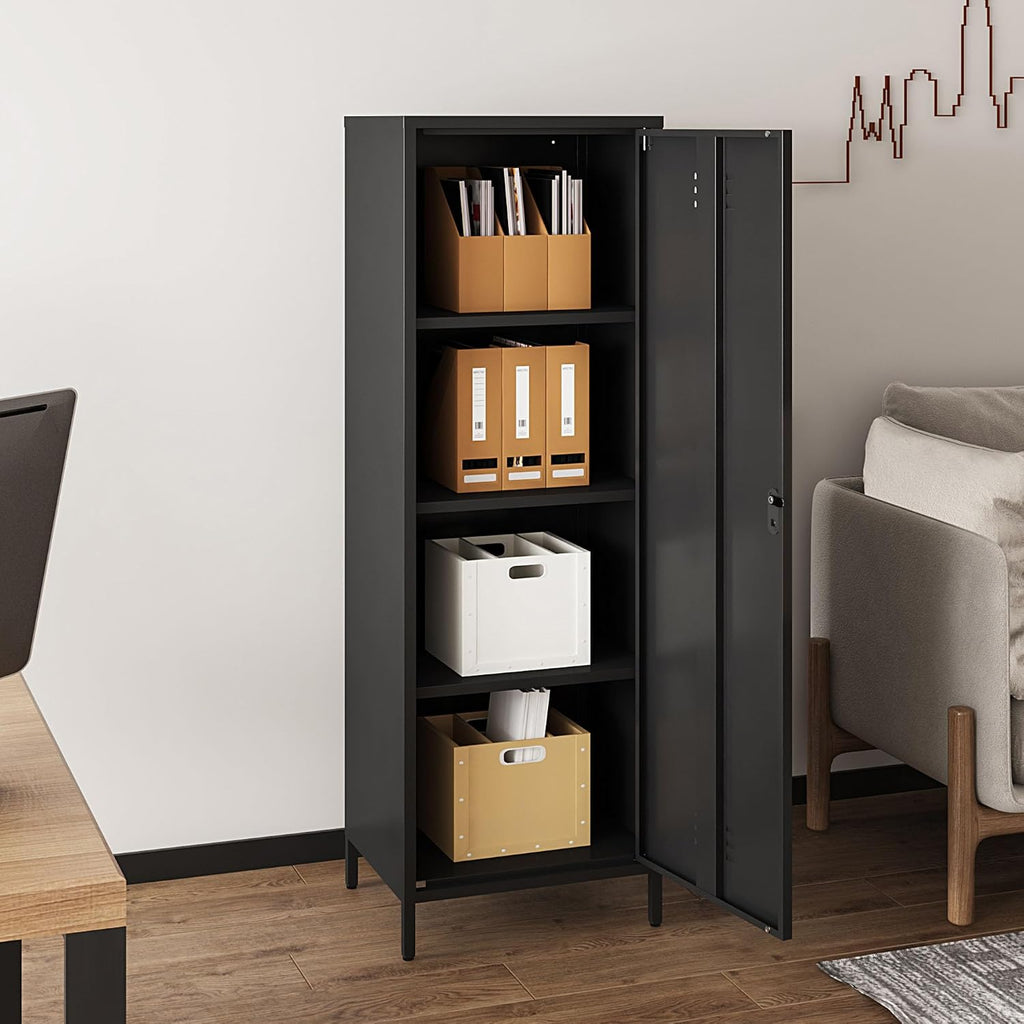 Steehoom Metal Storage Cabinet with Lock, Lockable Metal Single Door Cabinet Steel File Locker with 3 Adjustable Shelves 59.06-inch high for School, Living Room, Home, Office, Pantry (Black, H59.06'')
