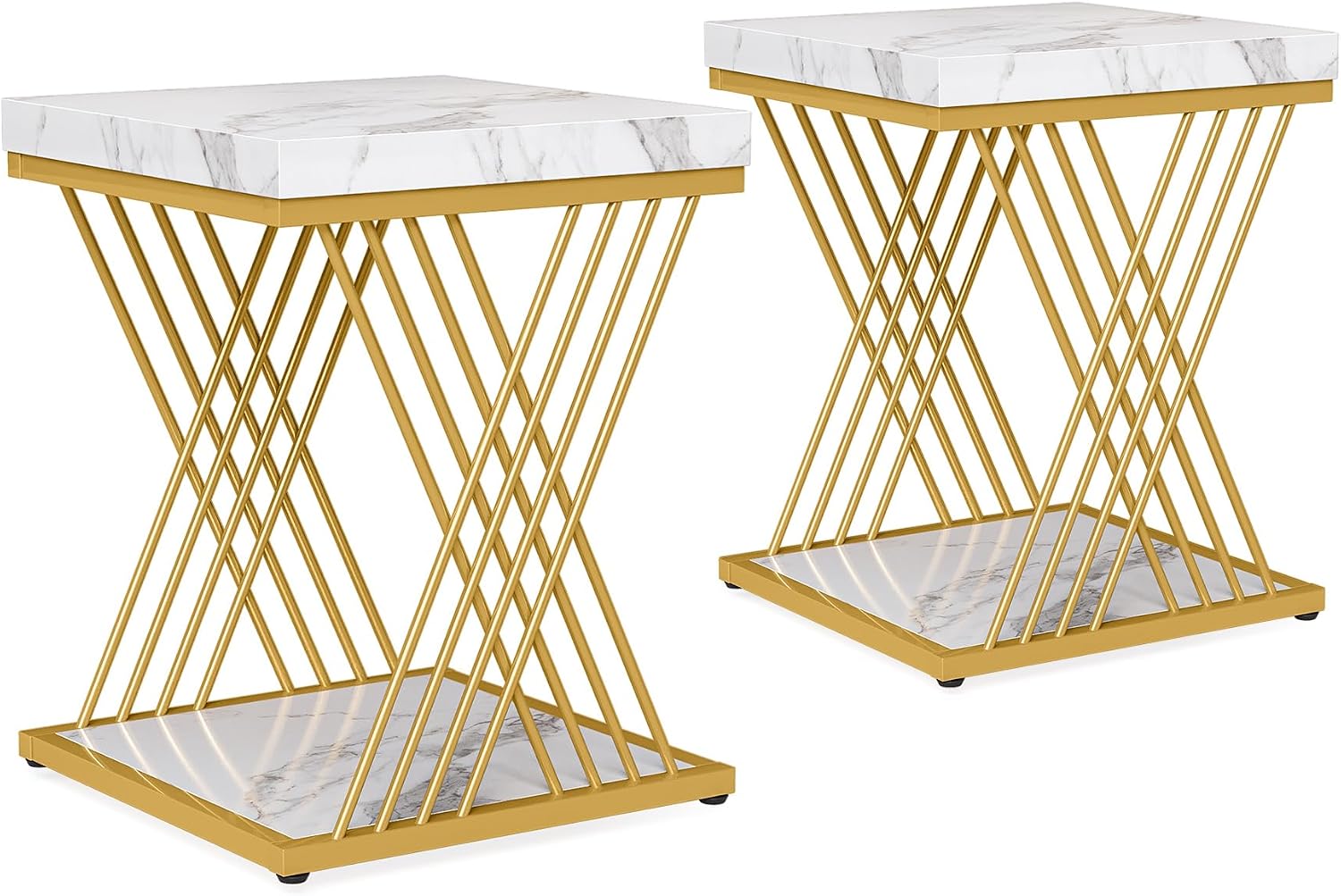 Tribesigns Square White Gold Side Table Set of 2, 2-Tier End Table Modern Bedside Tables Small Side Table with Storage for Couch, Chairside Tables with Metal Frame for Living Room