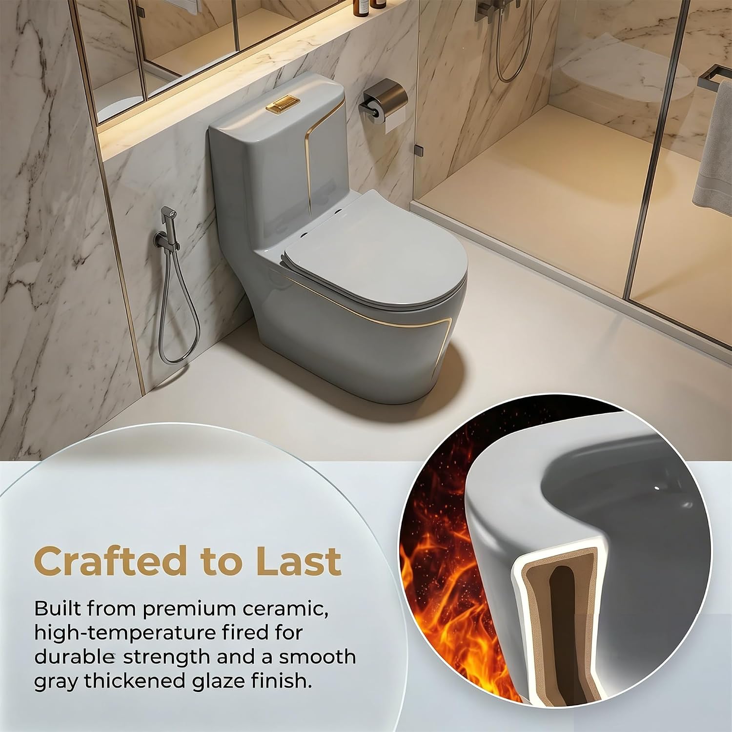 Elongated One Piece Toilet, Water Sense Dual Flush 1.85 Gallons Per Flush Compact Comfort Height, 12' Rough-In Small Bathroom Toilet, Grey (Seat Included)