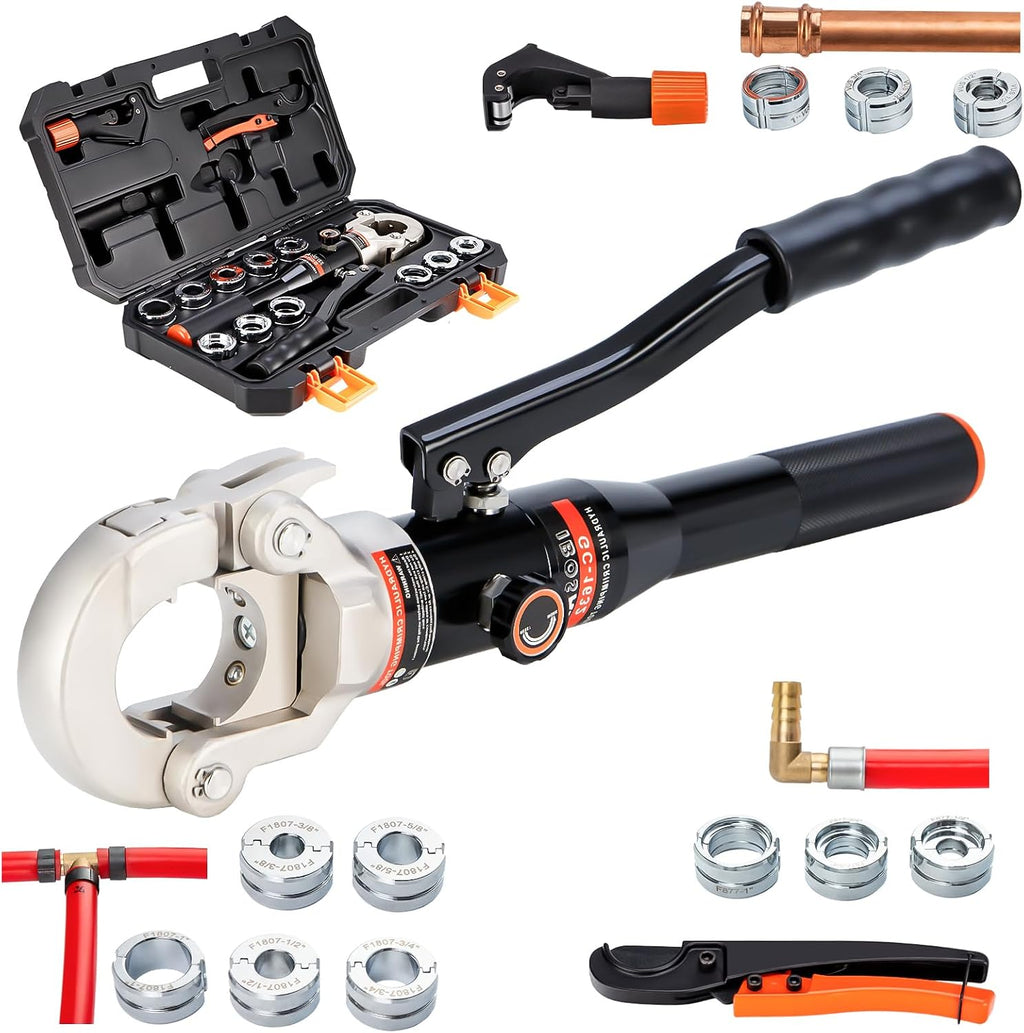 Hydraulic Copper Pipe Tube Fittings Crimping Tool with1/2,3/4,1' Dies for Copper Pipe and F877 Stainless PEX Press Sleeves,3/8',1/2',5/8',3/4',1' Dies for ASTM F1807 Pex Pipe Copper Ring