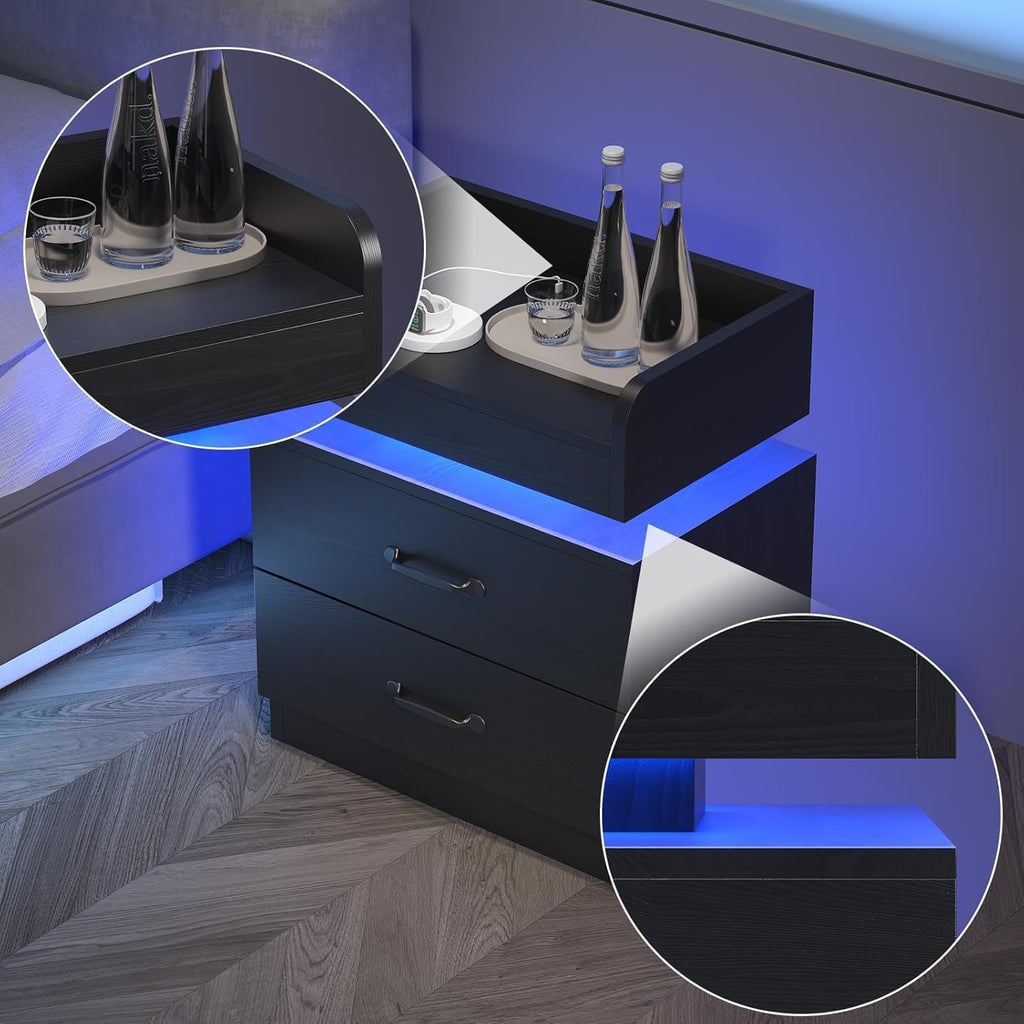 4ever2buy Black Nightstand Set of 2 with Charging Station and LED Lights Modern Bedside Tables with Drawers End Tables for Bedroom