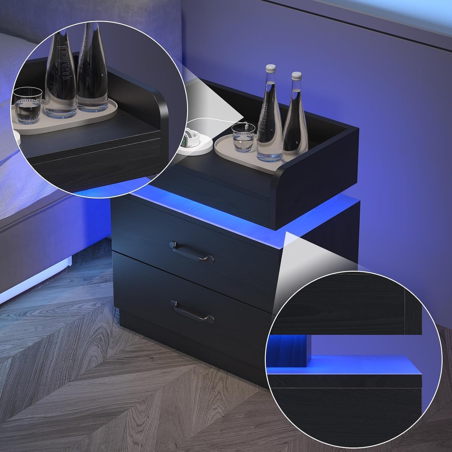 4ever2buy Black Nightstand Set of 2 with Charging Station and LED Lights Modern Bedside Tables with Drawers End Tables for Bedroom