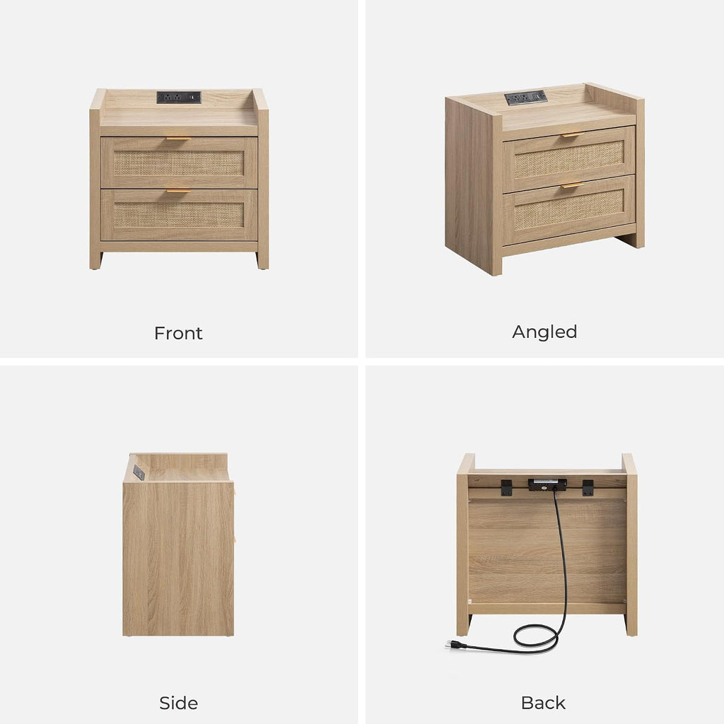 SICOTAS Rattan Nightstands Set of 2 Bedside Table - Bedroom Night Stand with Type-C Charging Station, 2 Drawers Storage - Boho Night Stands End Table for Bedroom Office - Light Oak