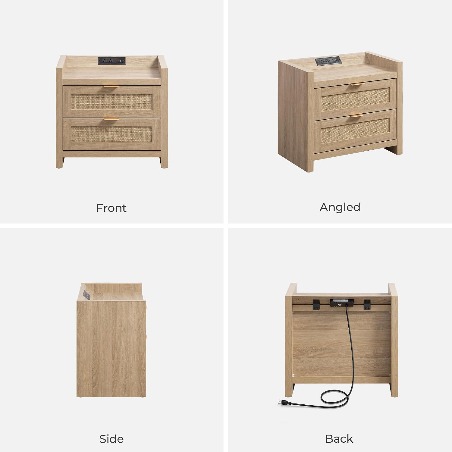 SICOTAS Rattan Nightstands Set of 2 Bedside Table - Bedroom Night Stand with Type-C Charging Station, 2 Drawers Storage - Boho Night Stands End Table for Bedroom Office - Light Oak