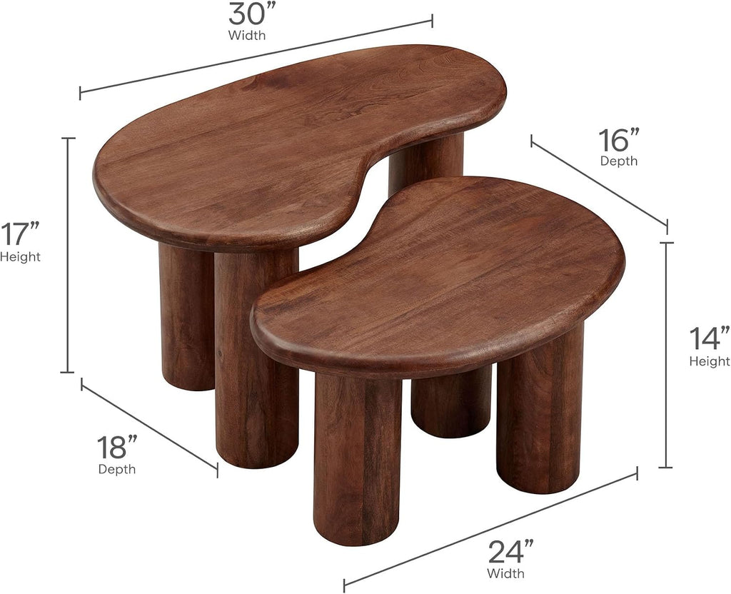 Modway Hackney Mango Wood Nesting Coffee Table Set in Walnut - 2 Piece Kidney-Shaped Wood Coffee Table for Living Room