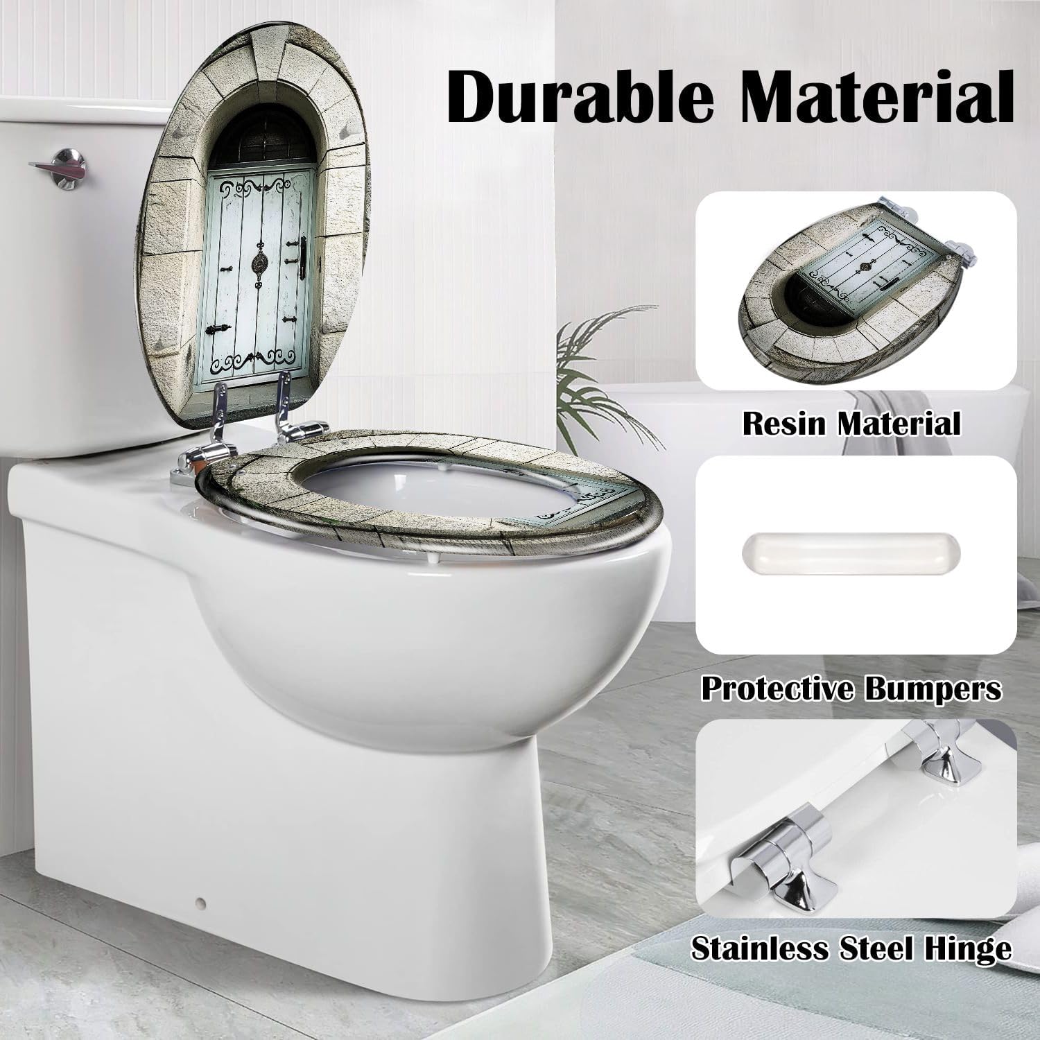 Elongated Toilet Seat Old entrance Resin Toilet Seat Slow Quiet Close Lid with Quick-Release Hinges Cover Bumpers Easy to Clean Install