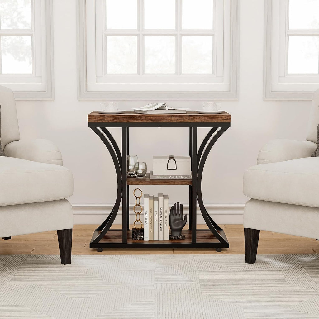 3-Tier End Table, Rustic Nightstand with Storage Shelves, Narrow Side Table for Living Room, Bedroom, Small Spaces – Wood and Metal Accent Table(Set of 2) (2, Rustic Brown)