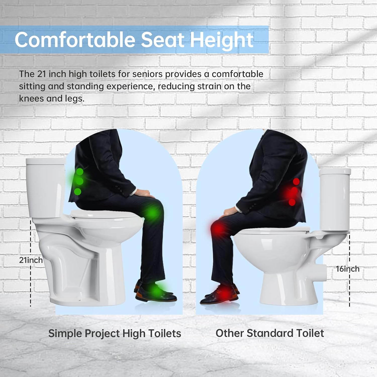 Simple Project High Toilets For Seniors 21 Inch | Extra Tall Toilets For Bathrooms Comfort Height With Soft-close Seat & Single Flush, 12' Rough In Two Piece Tall Toilets For Elderly, Disabled