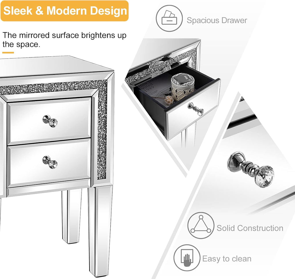 VINGLI Mirrored Nightstand Set of 2 Silver Glass Sofa/Couch Side Tables Bedroom End Tables with Storage, 24.8 inch Tall