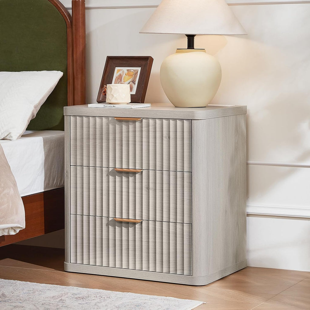 LEYAOYAO Fluted Farmhouse Nightstand Set of 2 with Charging Station, 23' Wide 3 Drawers Night Stand,LightGrey Dresser for Bedroom,Bed Side Table Chest of Drawers,Wood End Table for Living Room