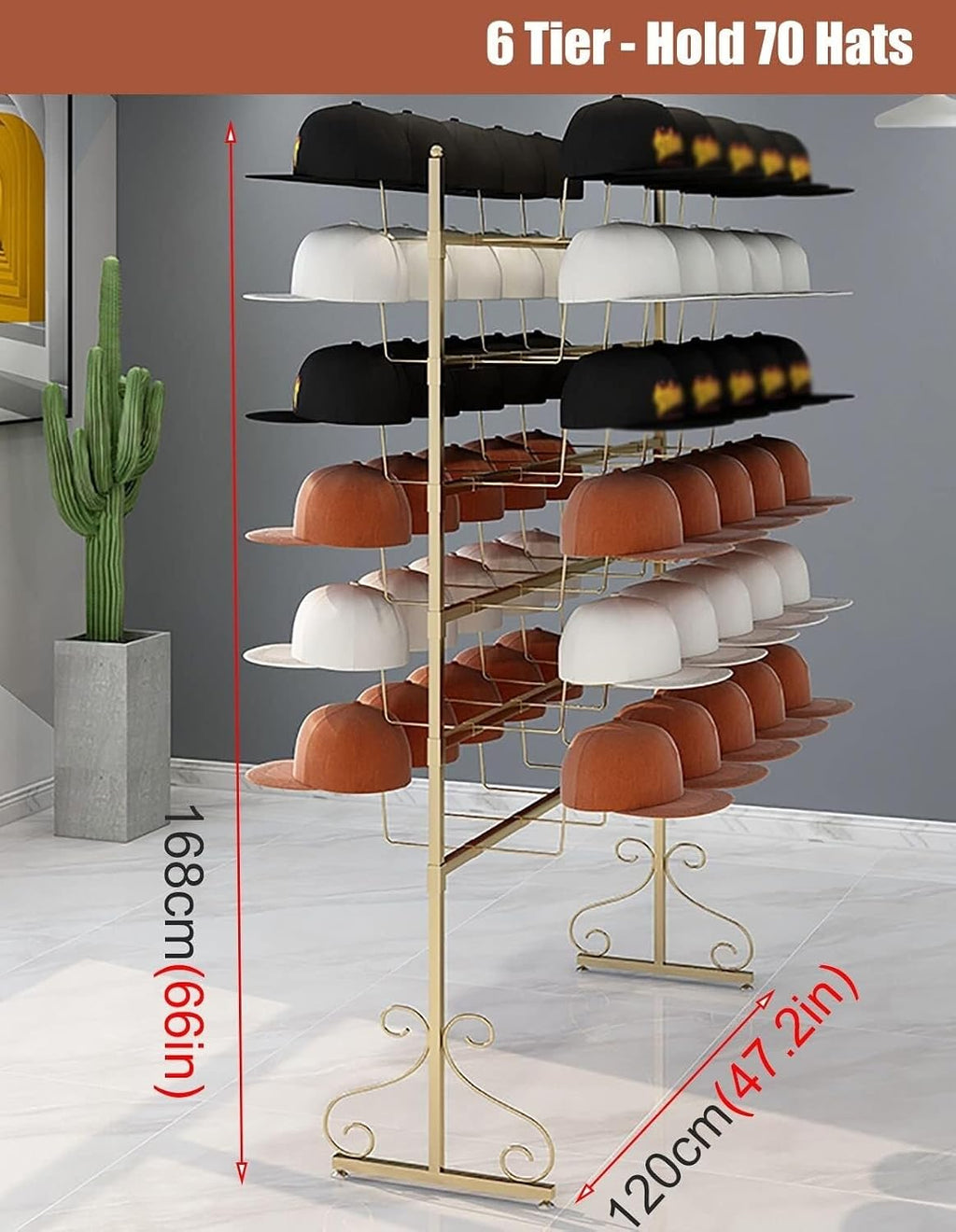 Standing Hat Display Stand Rack, 5/6/7 Tier Metal Organizer for Baseball Caps, Cowboy Hats & Wigs(Gold,6 Tier)