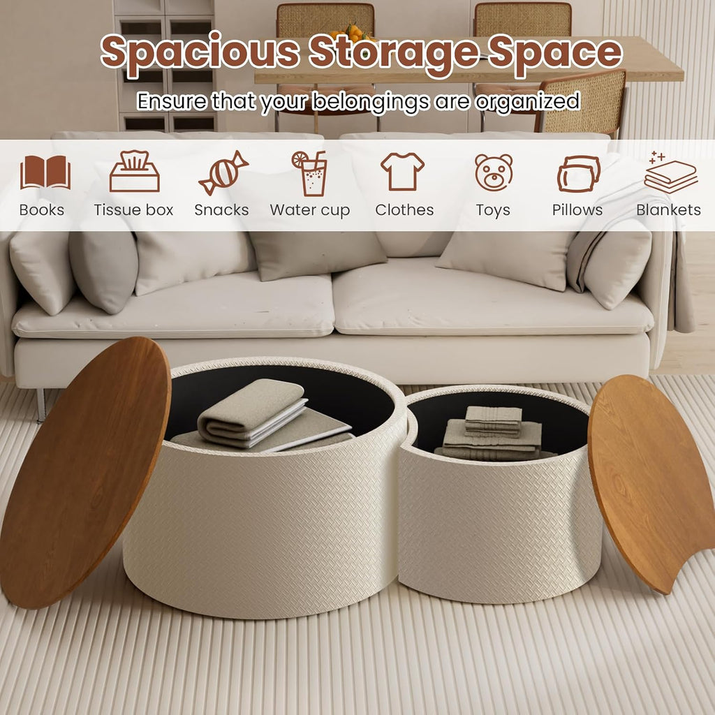 Round Nesting Coffee Table Set of 2 with Storage Modern Wood Coffee Table MDF Frame and Leather Surface Center Table End Side Table for Living Room Bedroom Office, No Assembling (White)