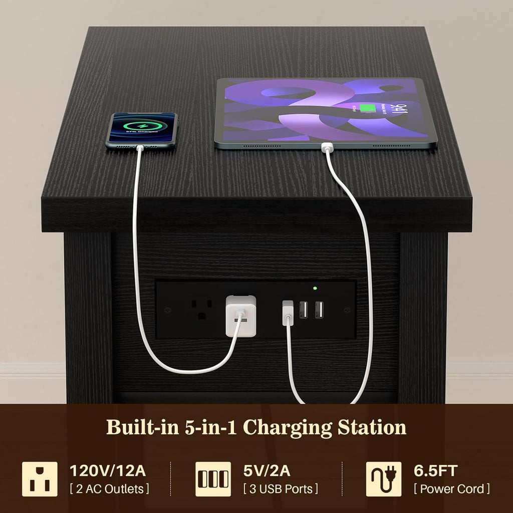 Armocity Narrow End Table Set of 2 with Charging Station - Farmhouse Side Tables with Drawers, 14' Wood Nightstands Set of 2 for Bedroom Living Room, Slim Couch Bedside Table Small Spaces, Black