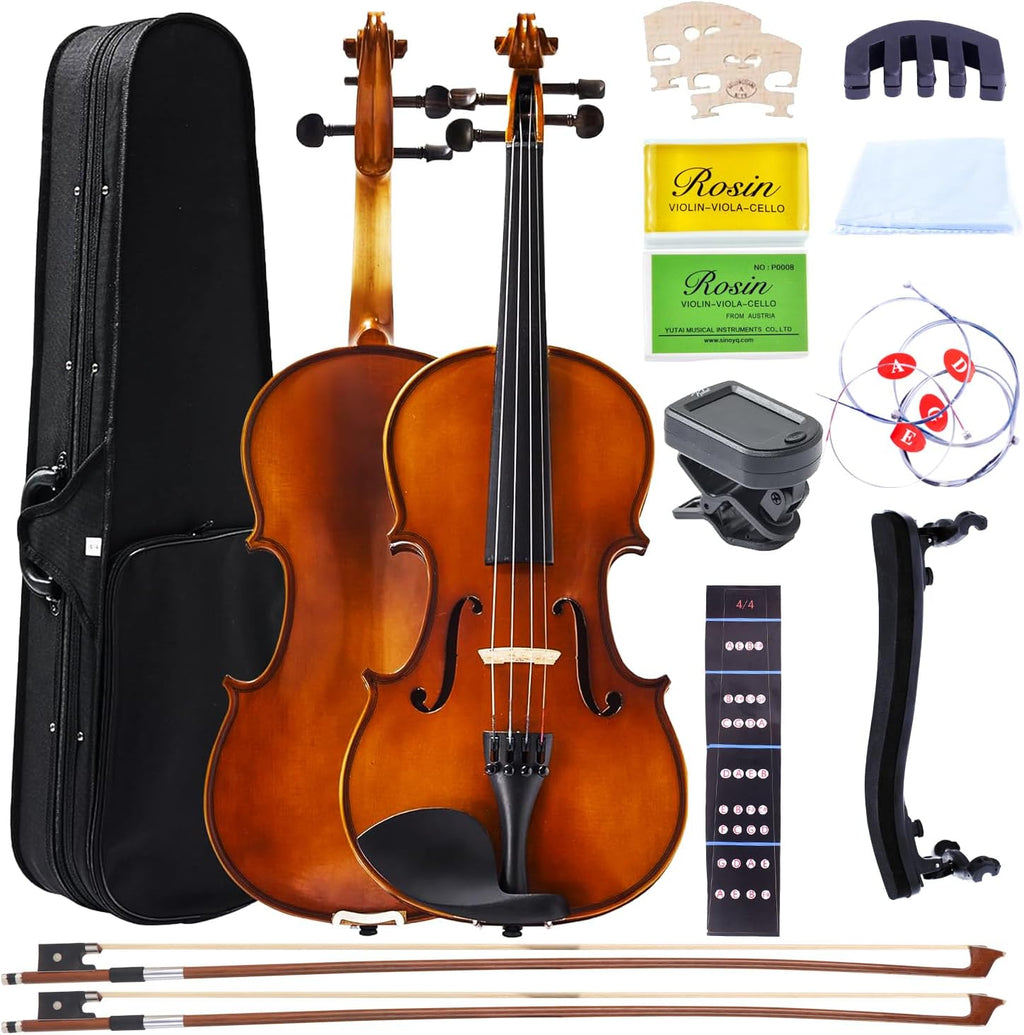 1/2 Acoustic Violin for Beginners, Full Size Solidwood Fiddle Set for Kids and Adults with Hard Case, 2 Bows, Extra Strings, Shoulder Rest, Rosin, Clip-on Tuner, Fingerboard Stickers, and Mute.