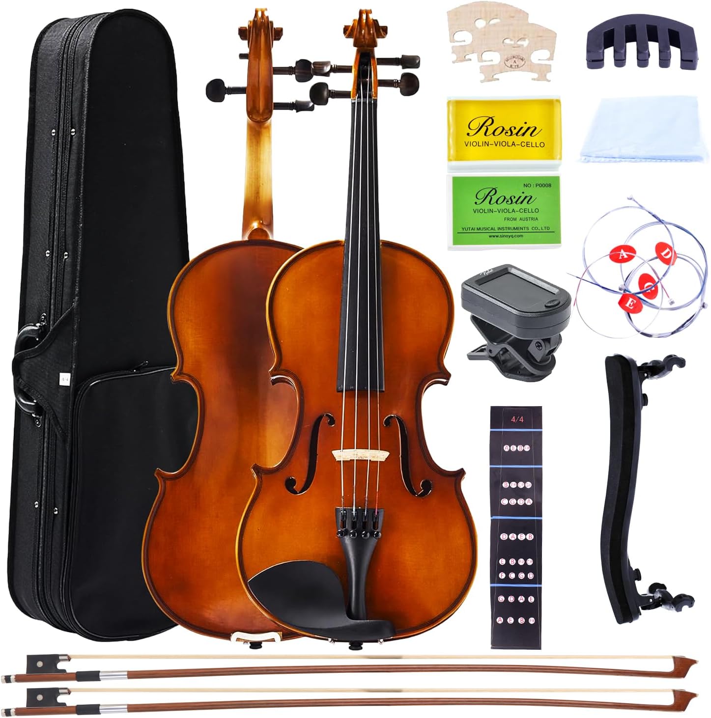 1/2 Acoustic Violin for Beginners, Full Size Solidwood Fiddle Set for Kids and Adults with Hard Case, 2 Bows, Extra Strings, Shoulder Rest, Rosin, Clip-on Tuner, Fingerboard Stickers, and Mute.