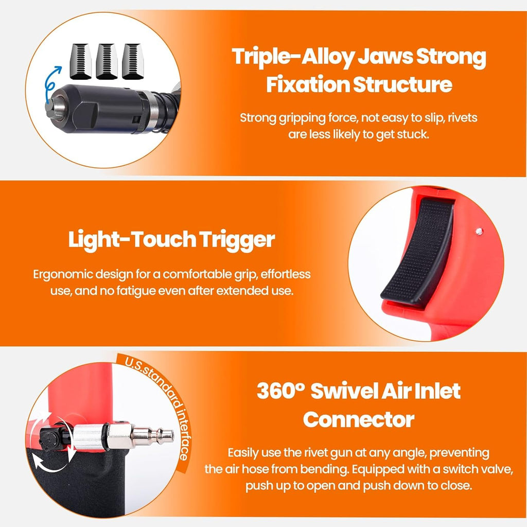 Pneumatic Rivet Gun Air Pop Riveter Tool Kit with 3/32', 1/8', 5/32', 3/16' Rivet Nozzles, Self-Suction Pneumatic Riveting Gun, Upgraded Air Riveter Hydraulic Pop Riveting Rivets Tool