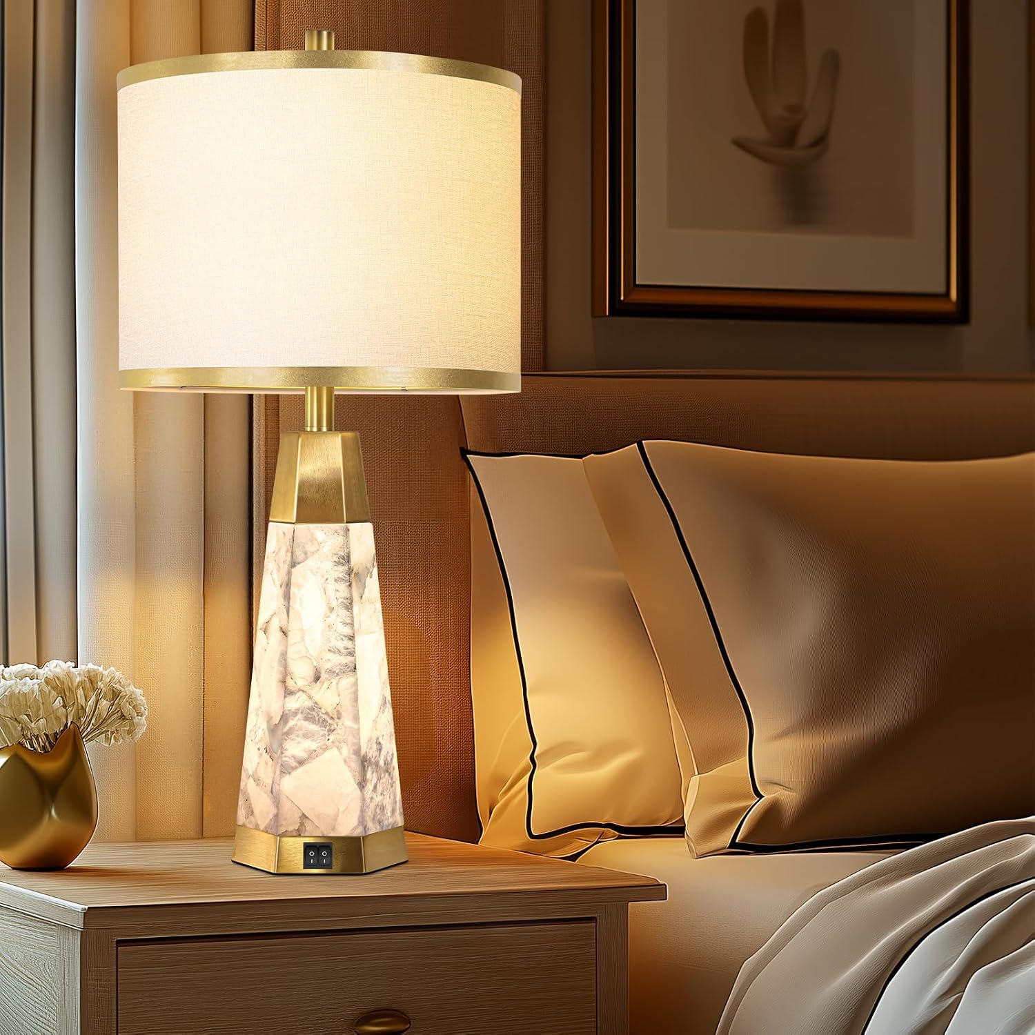 KIVDITZO 27' Alabaster Table Lamps Set of 2 - Lamps for Living Room with Night Light, Bedside Lamps with White Linen Shade, Nightstand Table Lamp with USB A+C Port for Bedroom Office (Bulb Included)