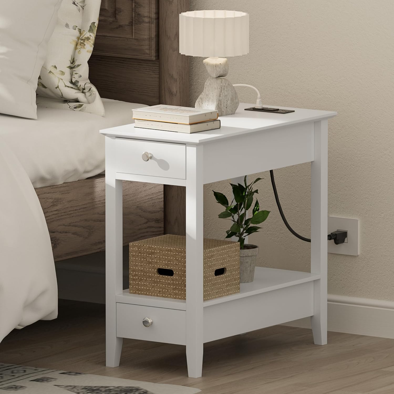 Treocho End Tables Living Room Set of 2, Narrow Side Table with Charging Station, White Table Bedside Sofa for Small Spaces, Living Room, Bedroom