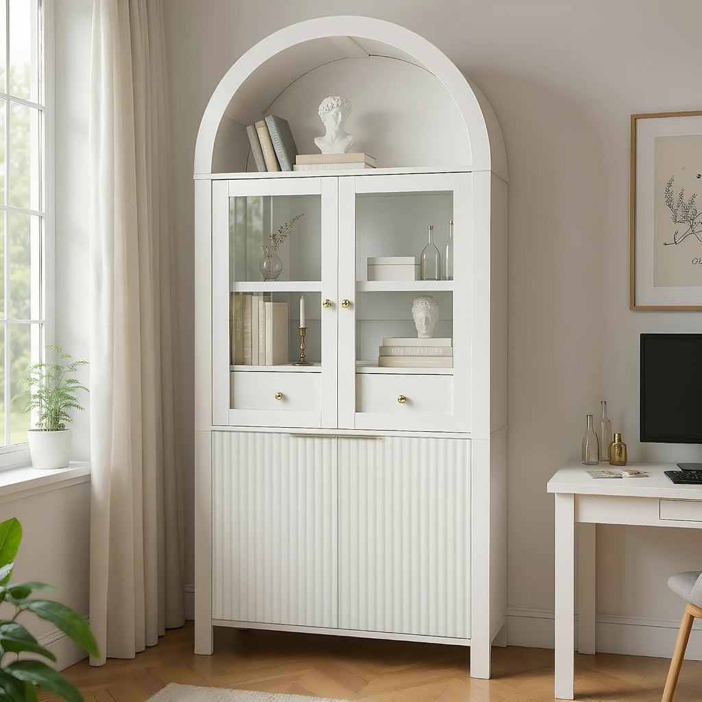 71' Tall Arched Kitchen Pantry with Drawer,Glass Door,Door Racks, Fluted Hutch Cabinet with Storage & Adjustable Shelves,Cupboard Buffet Cabinet for Living Room, Coffee Bar Corner(Natural)