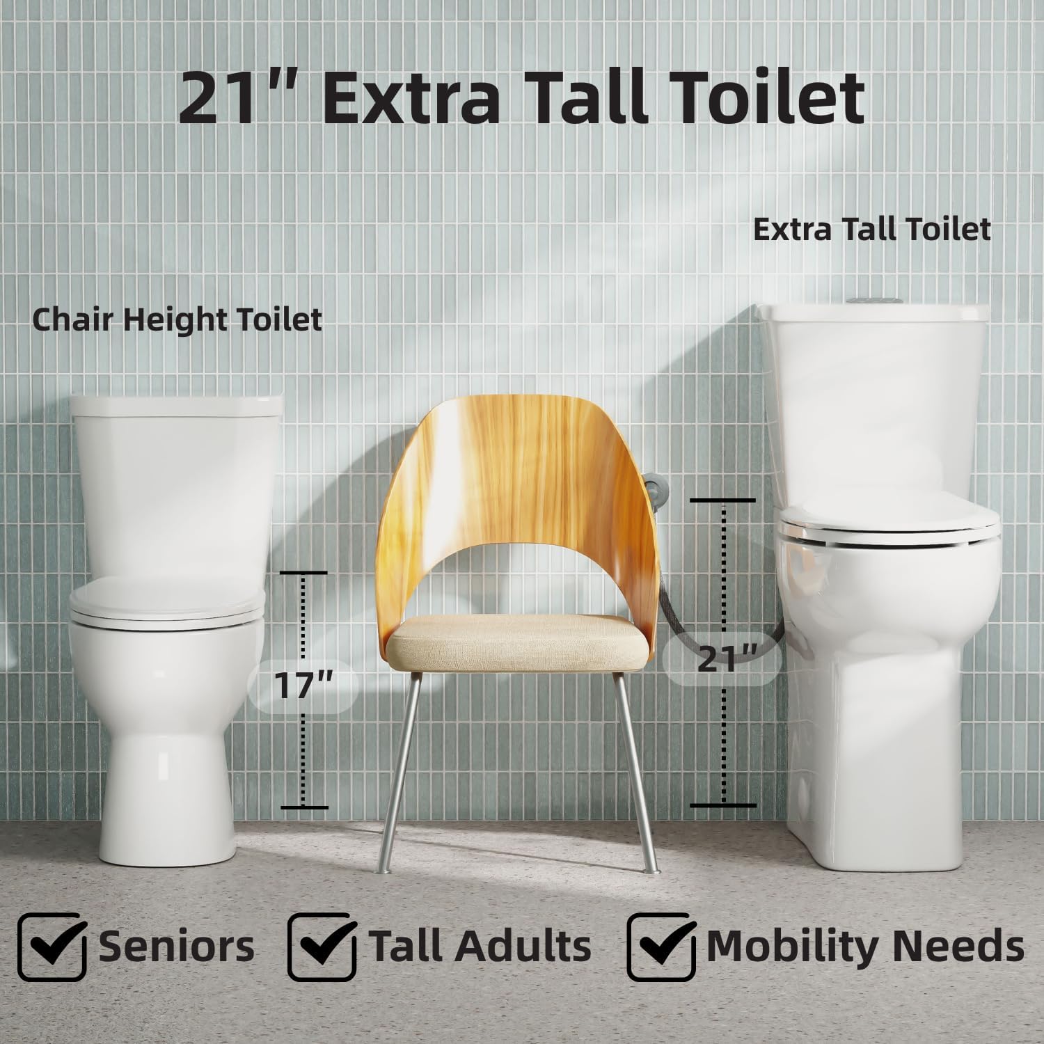 21 Inch Tall Toilet With Skirted Design, Los Flexi Two Piece Extra High Toilet for Tall Height & Seniors, 1.1/1.28 GPF Dual Flush, Powerful Siphon Jet, Quick Install and Soft-Close Seat, 12'' Rough-In